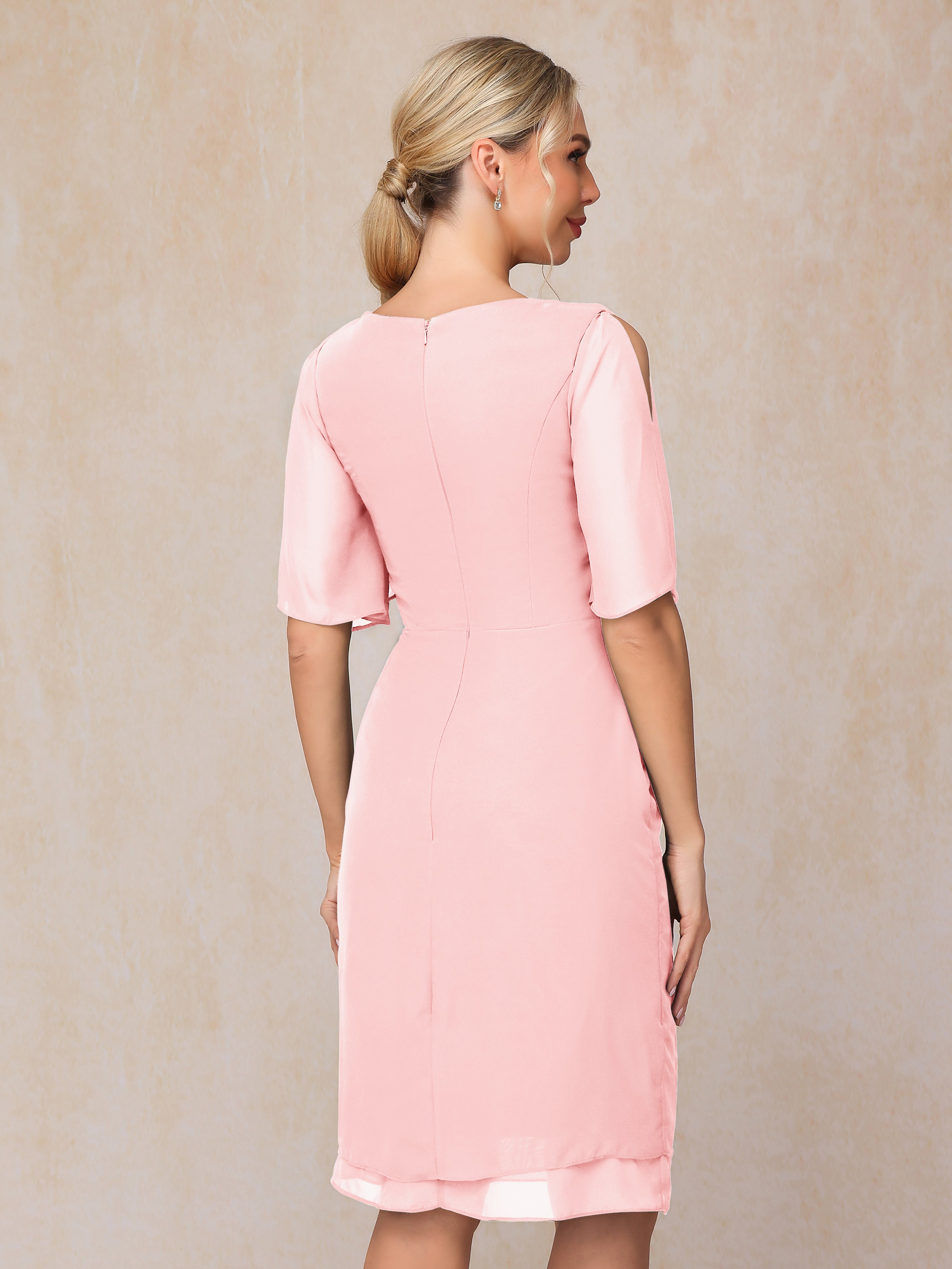 Short Sleeves Beading Knee Length Chiffon Mother Of The Groom Dress