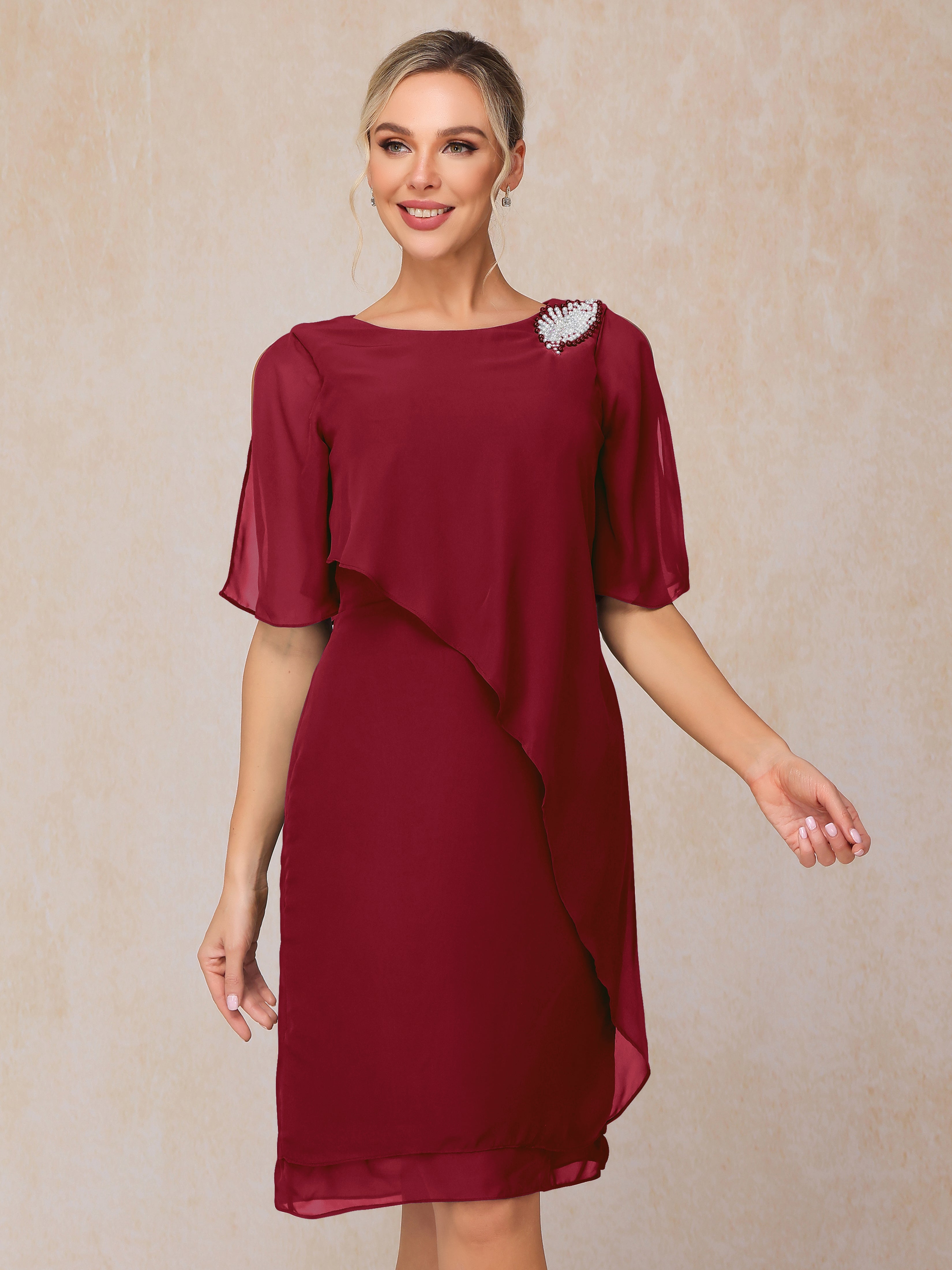 Short Sleeves Beading Knee Length Chiffon Mother Of The Groom Dress
