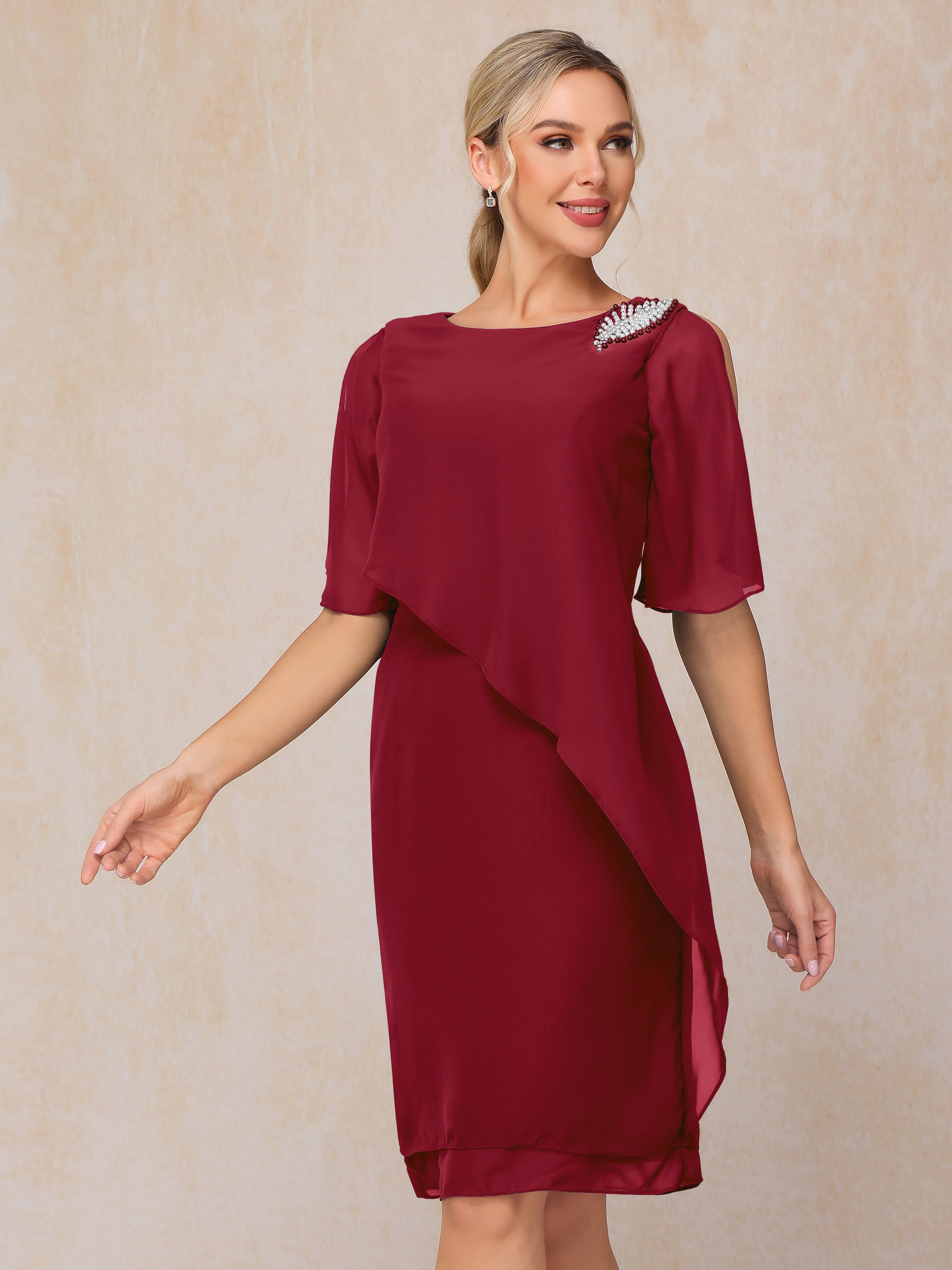 Short Sleeves Beading Knee Length Chiffon Mother Of The Groom Dress