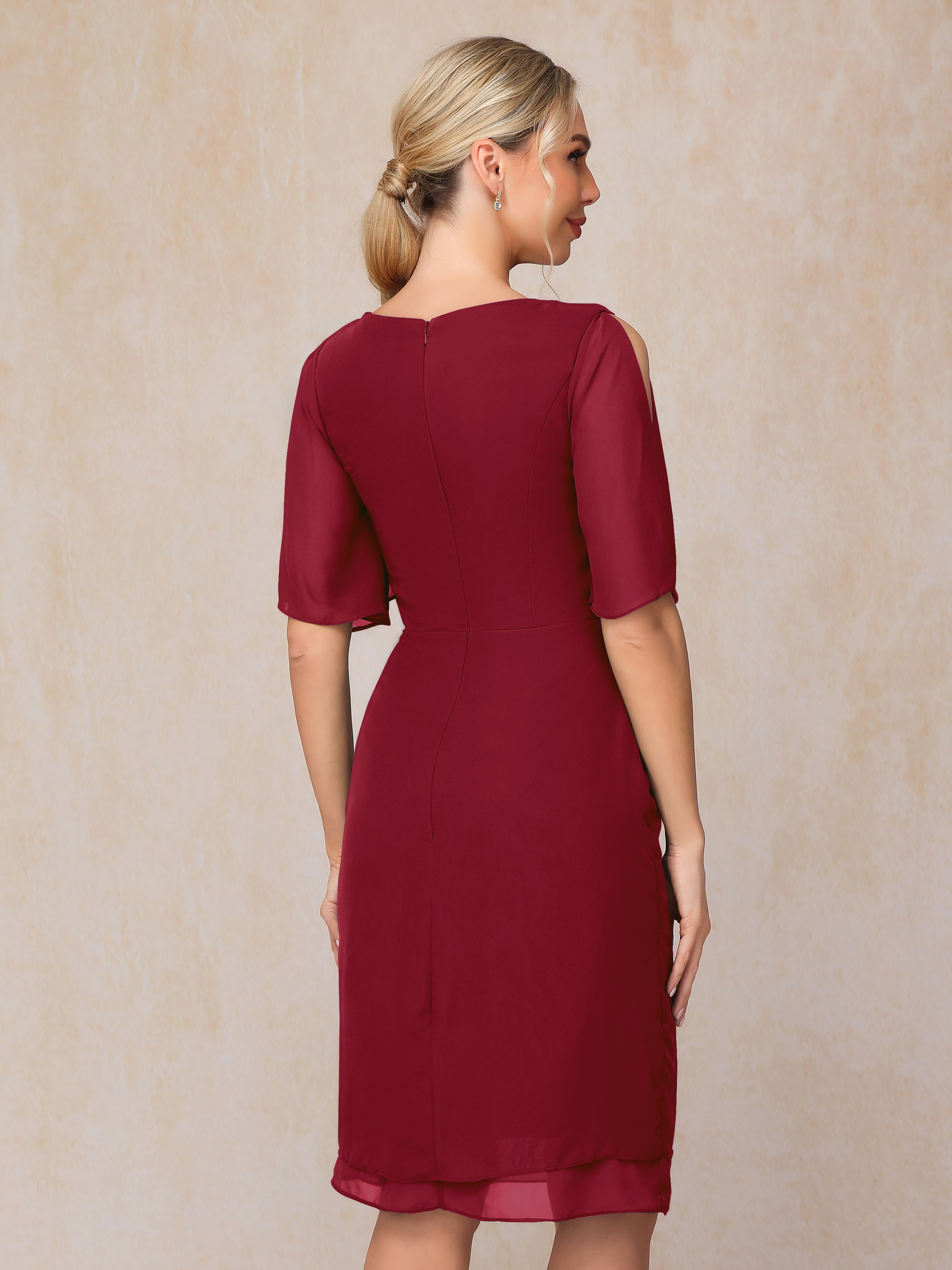 Short Sleeves Beading Knee Length Chiffon Mother Of The Groom Dress
