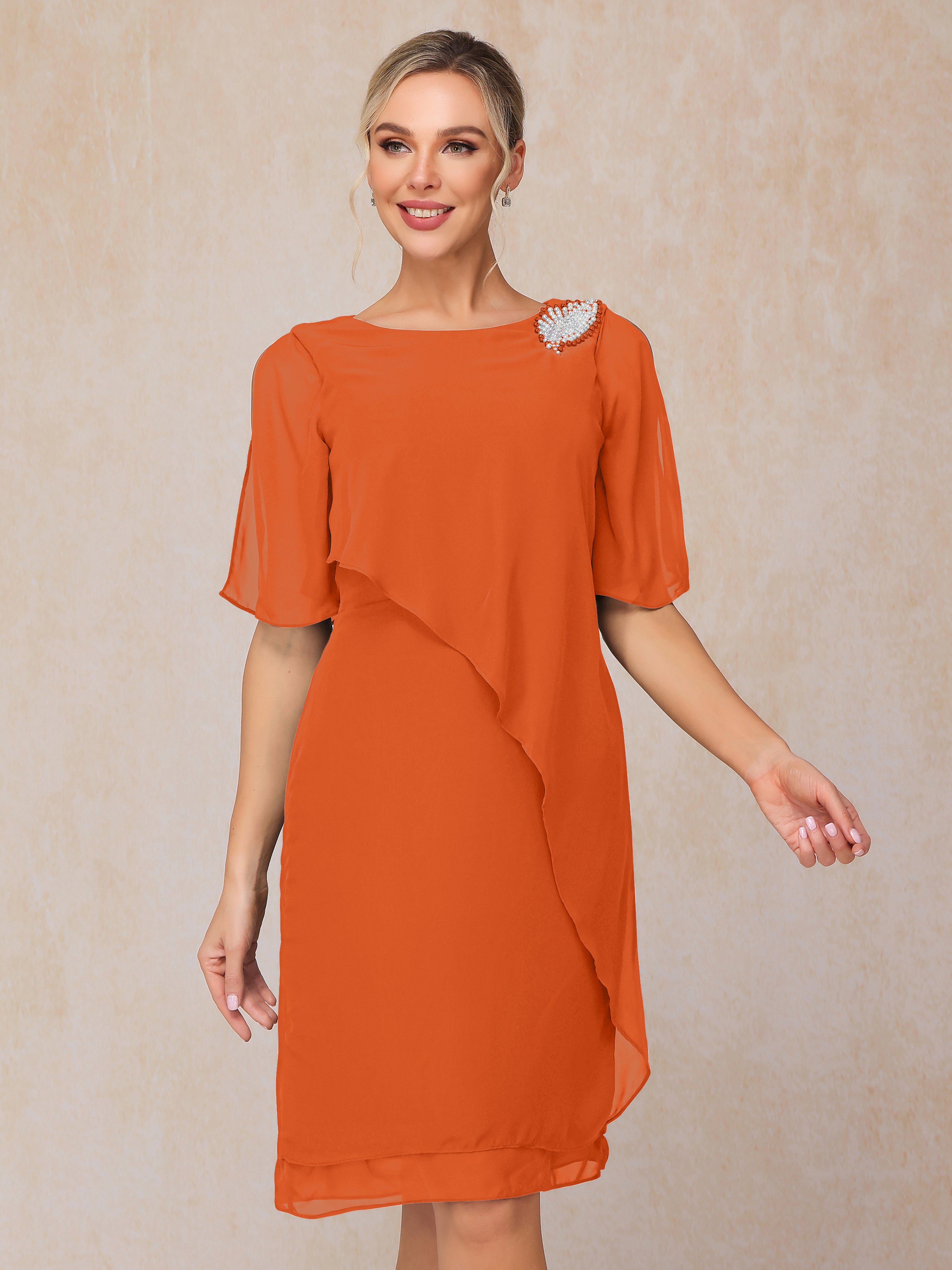 Short Sleeves Beading Knee Length Chiffon Mother Of The Groom Dress