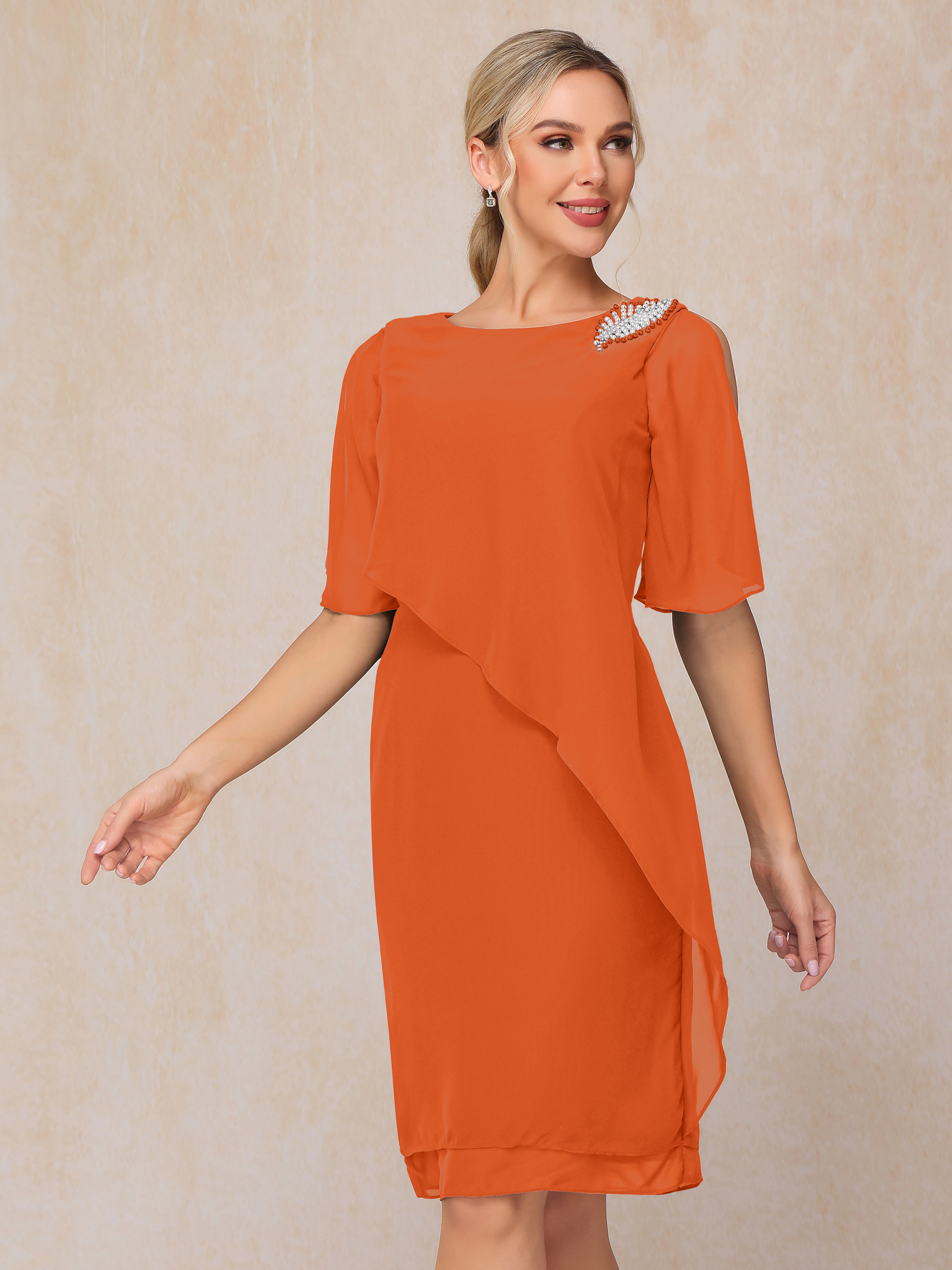 Short Sleeves Beading Knee Length Chiffon Mother Of The Groom Dress
