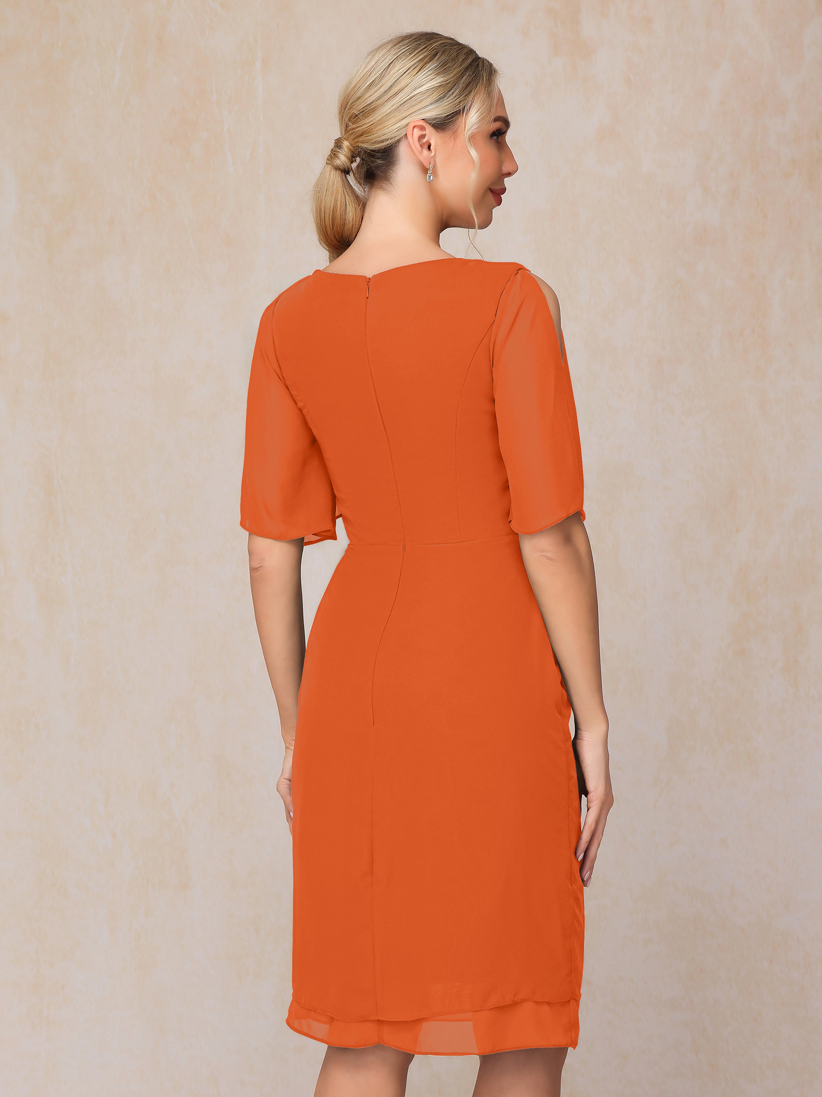 Short Sleeves Beading Knee Length Chiffon Mother Of The Groom Dress
