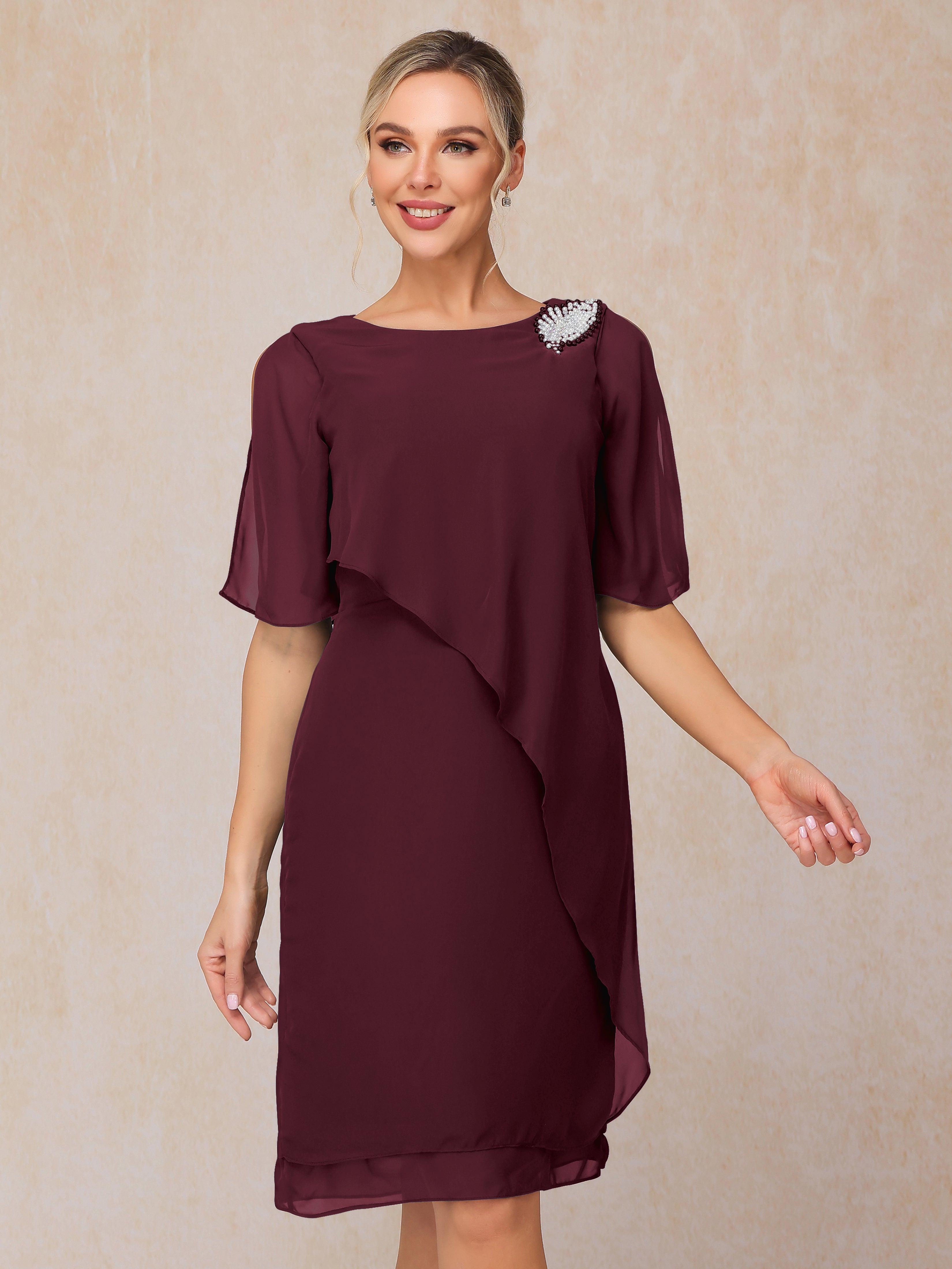 Short Sleeves Beading Knee Length Chiffon Mother Of The Groom Dress