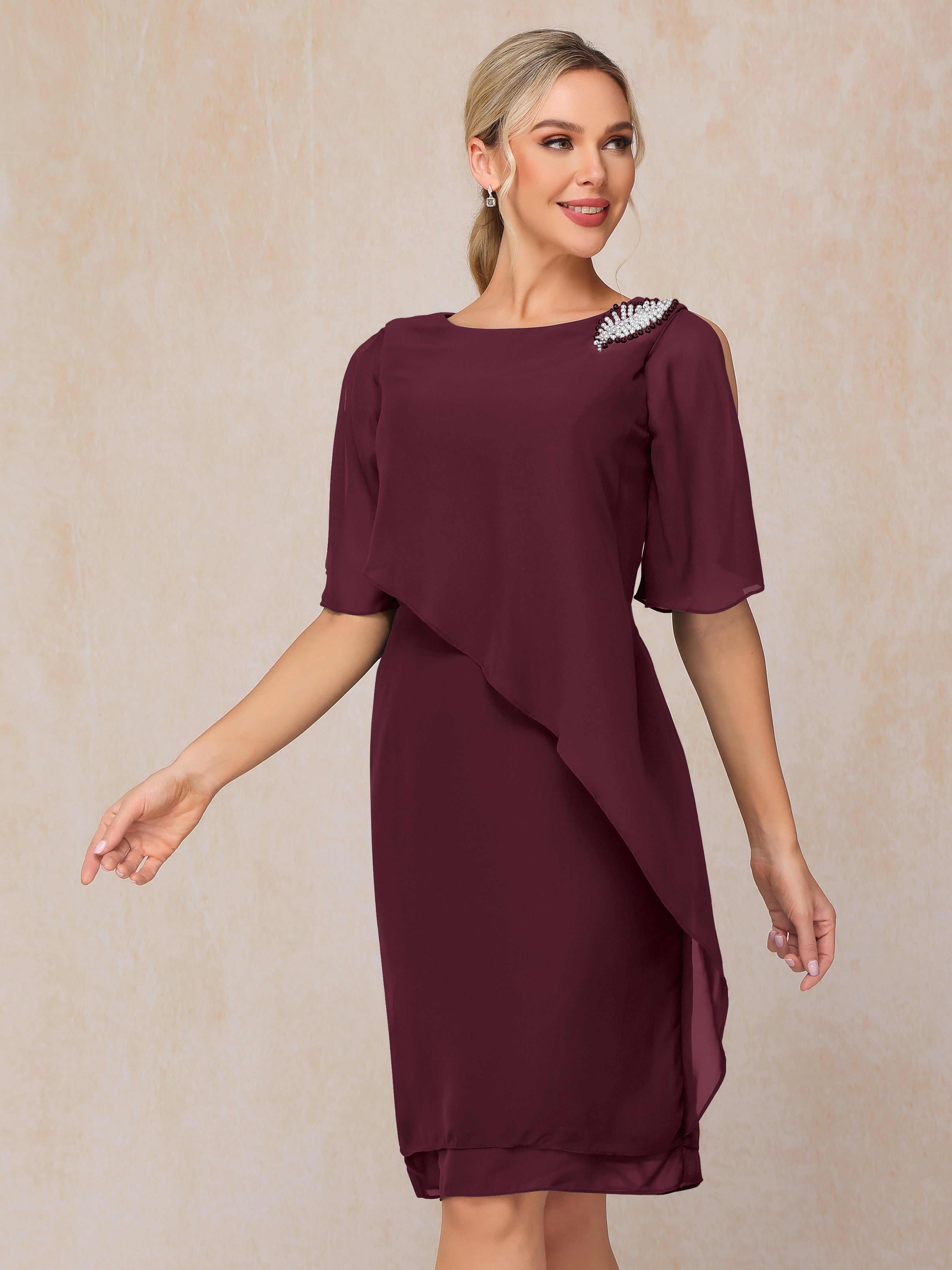 Short Sleeves Beading Knee Length Chiffon Mother Of The Groom Dress