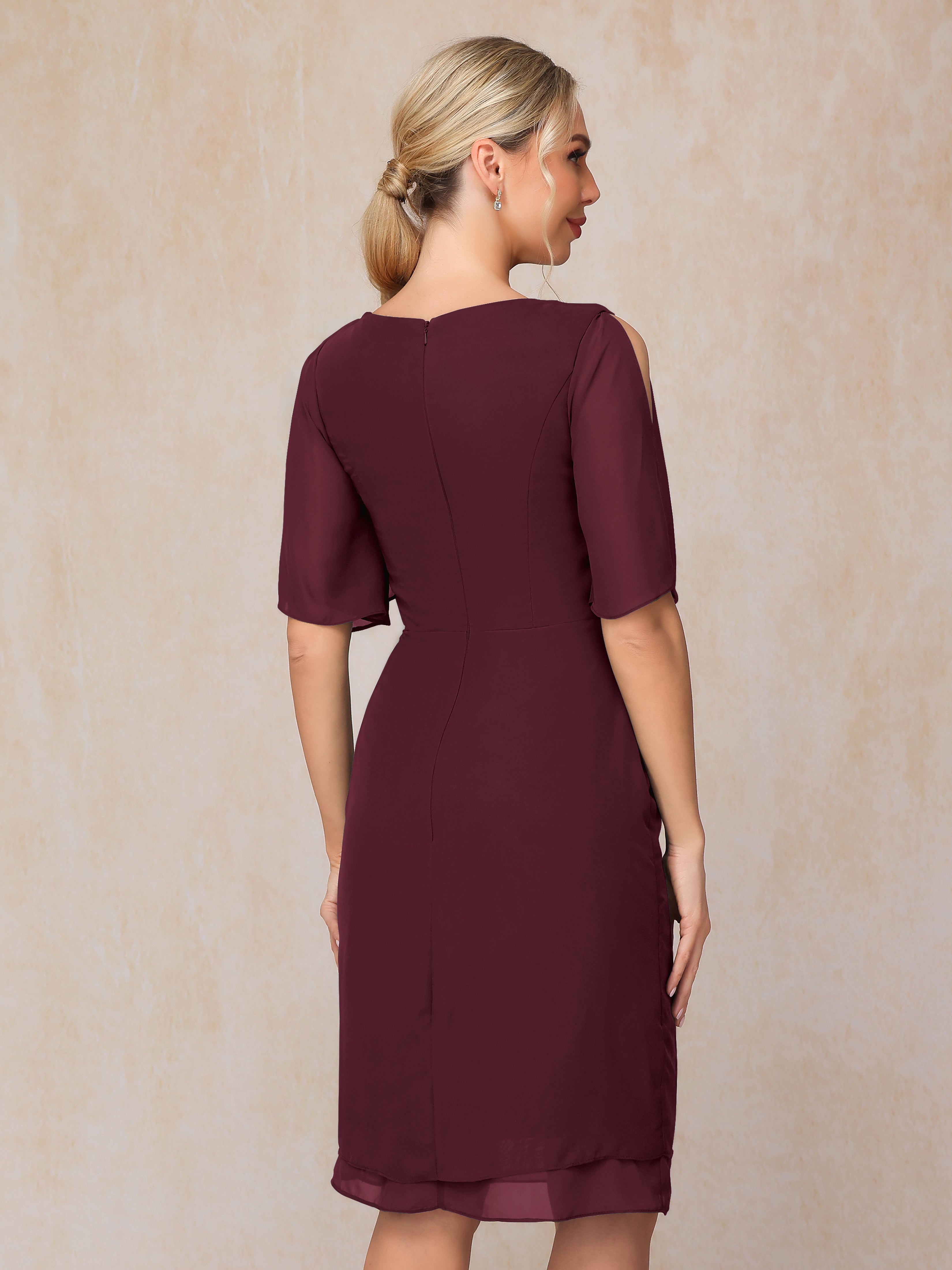 Short Sleeves Beading Knee Length Chiffon Mother Of The Groom Dress