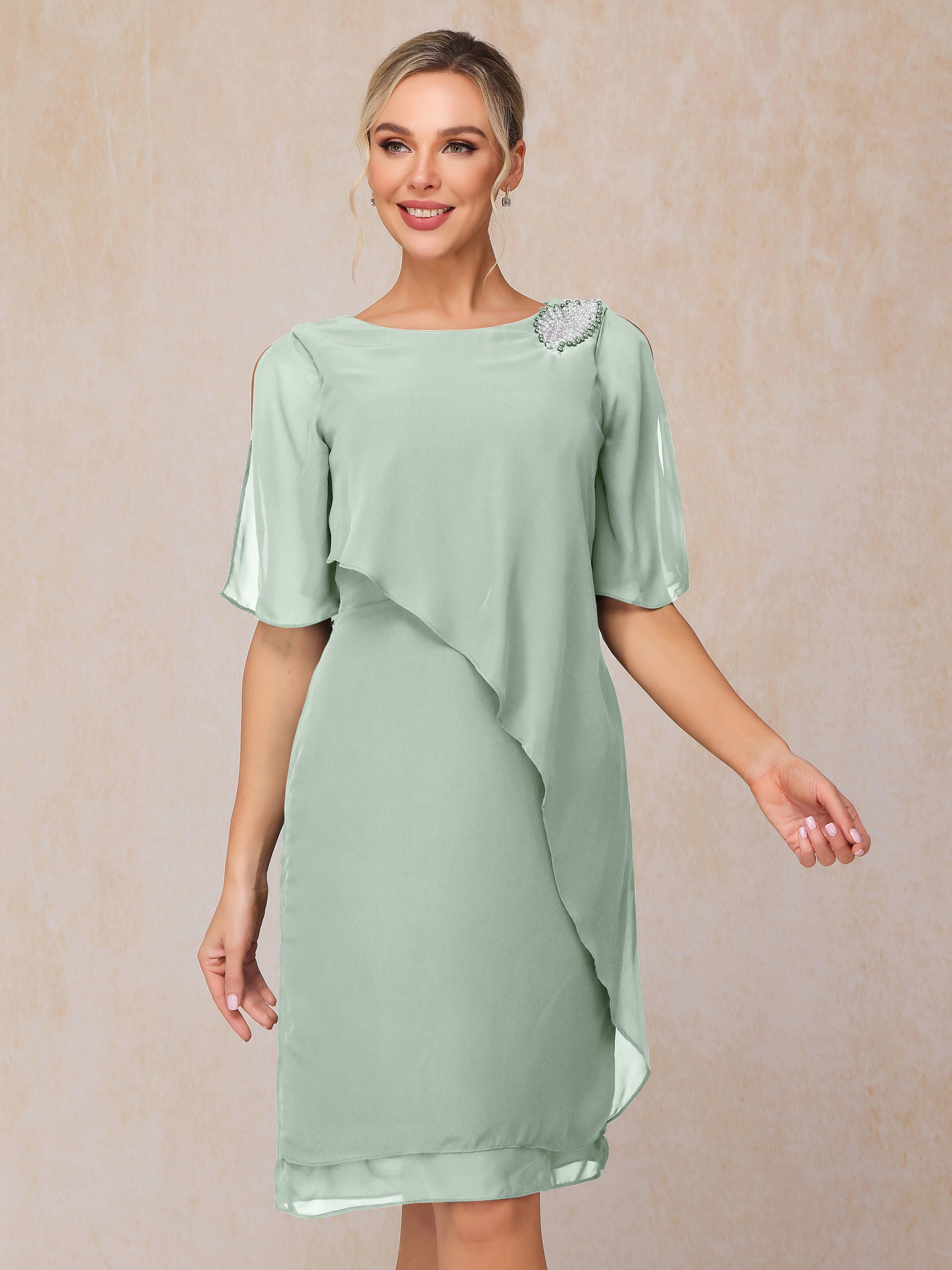 Short Sleeves Beading Knee Length Chiffon Mother Of The Groom Dress
