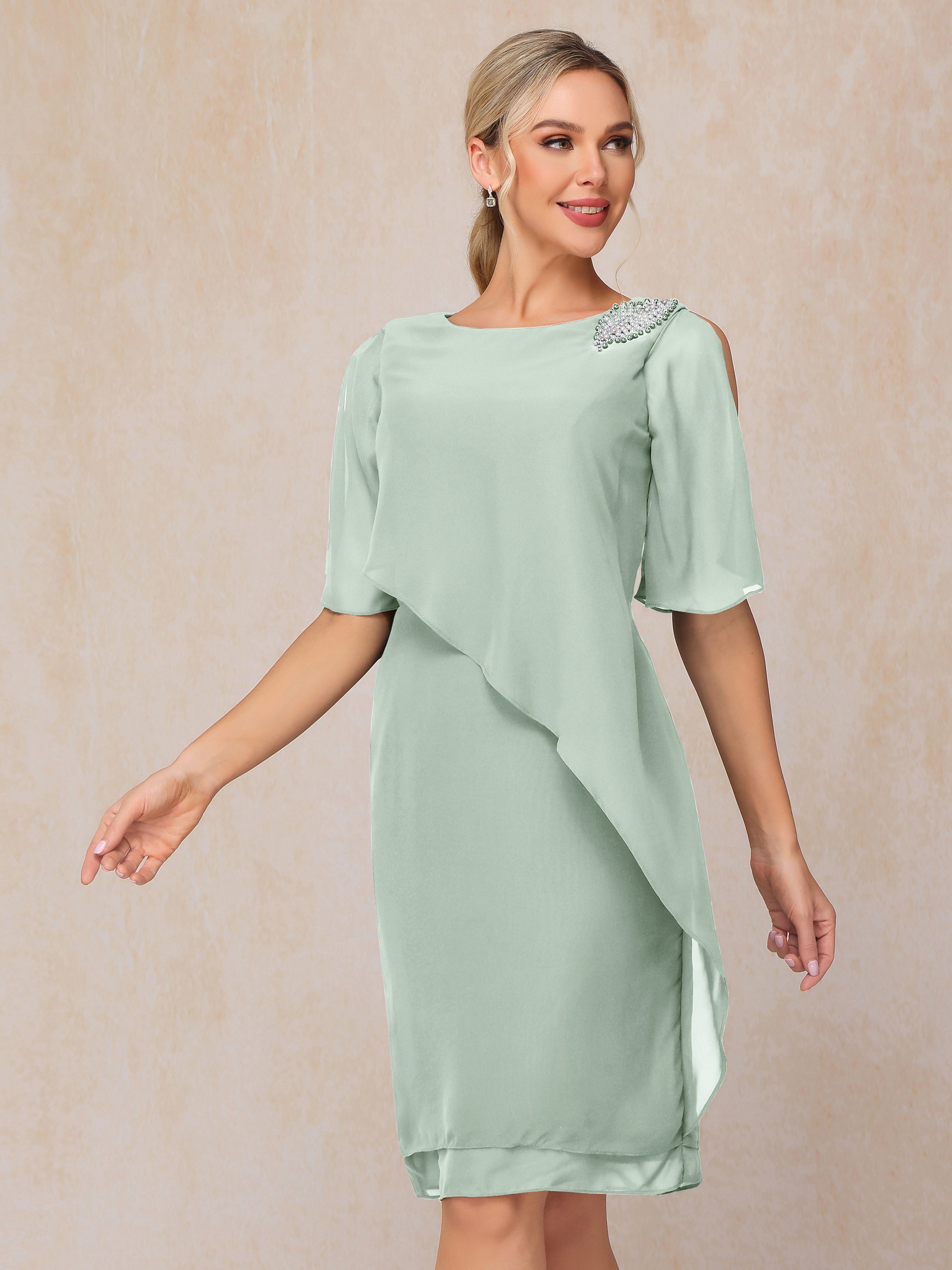 Short Sleeves Beading Knee Length Chiffon Mother Of The Groom Dress