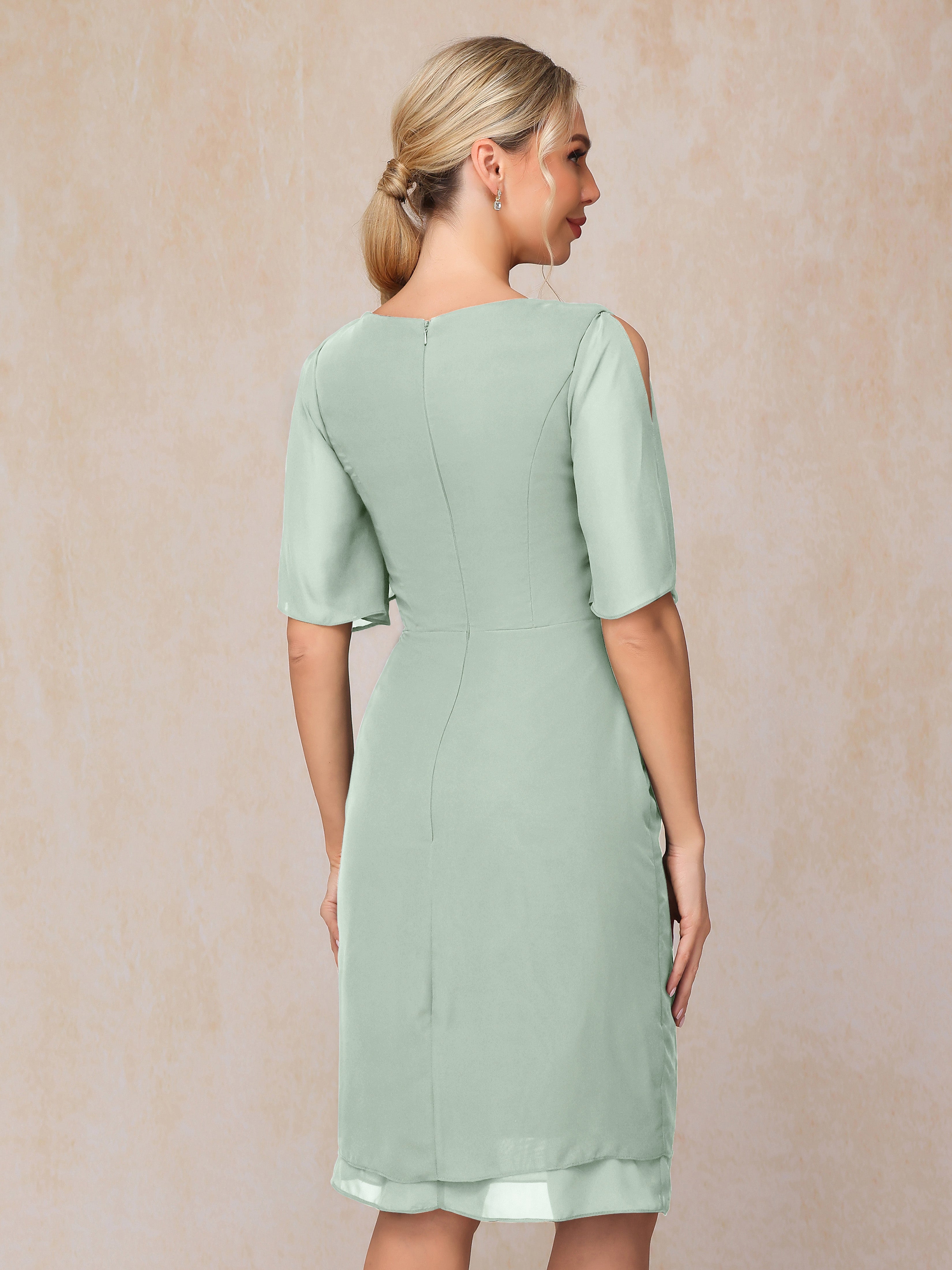 Short Sleeves Beading Knee Length Chiffon Mother Of The Groom Dress