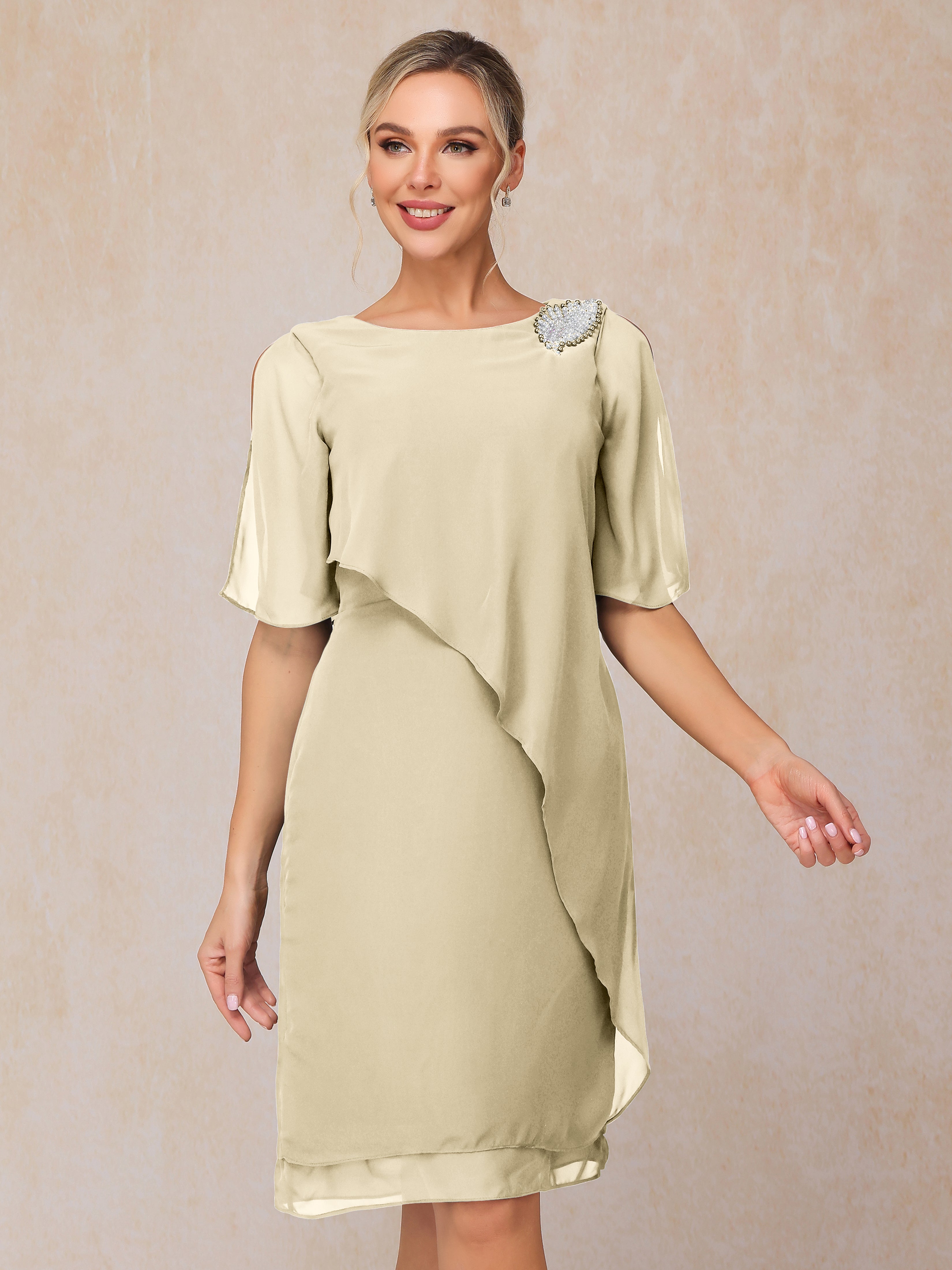 Short Sleeves Beading Knee Length Chiffon Mother Of The Groom Dress