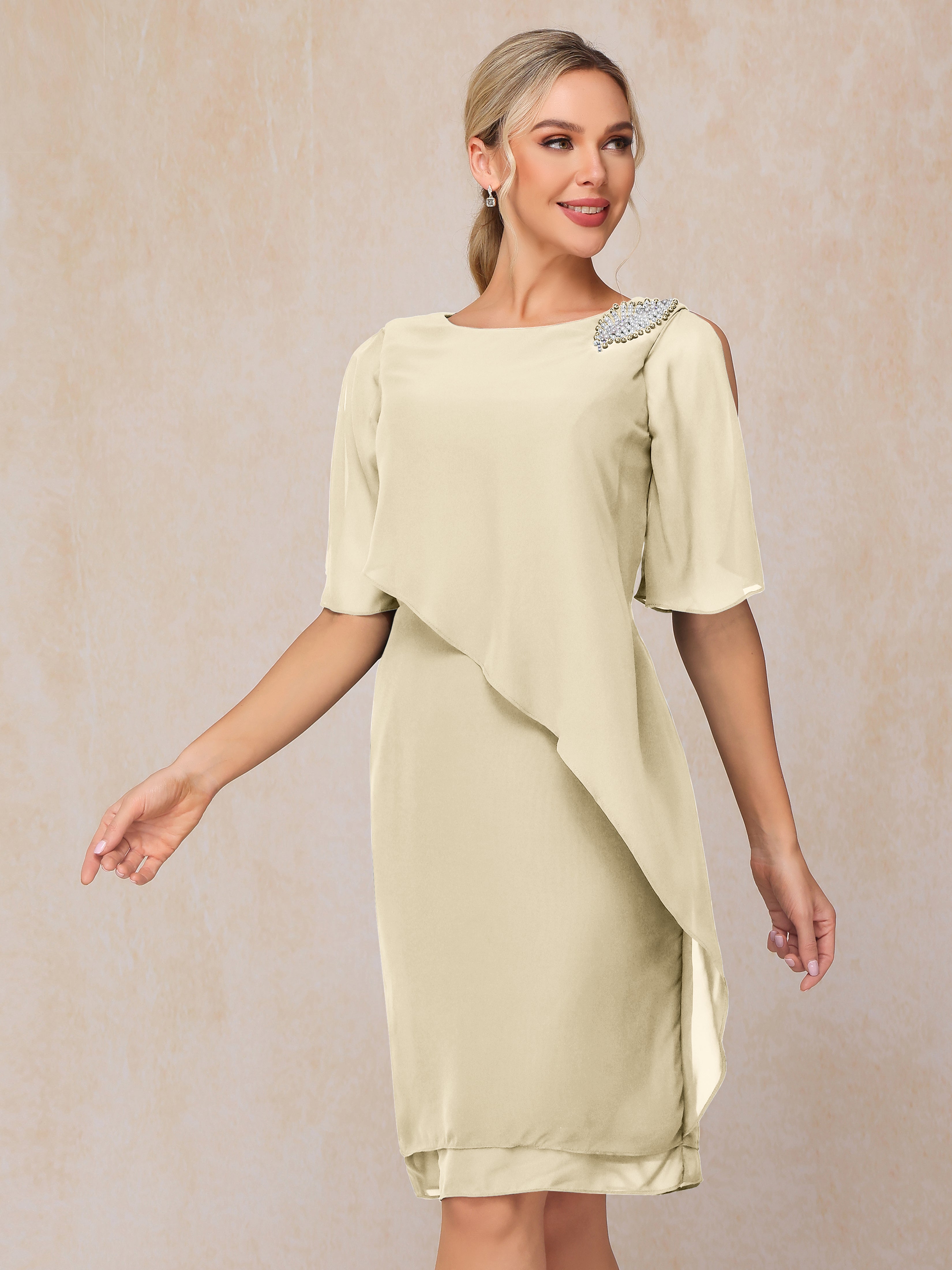 Short Sleeves Beading Knee Length Chiffon Mother Of The Groom Dress