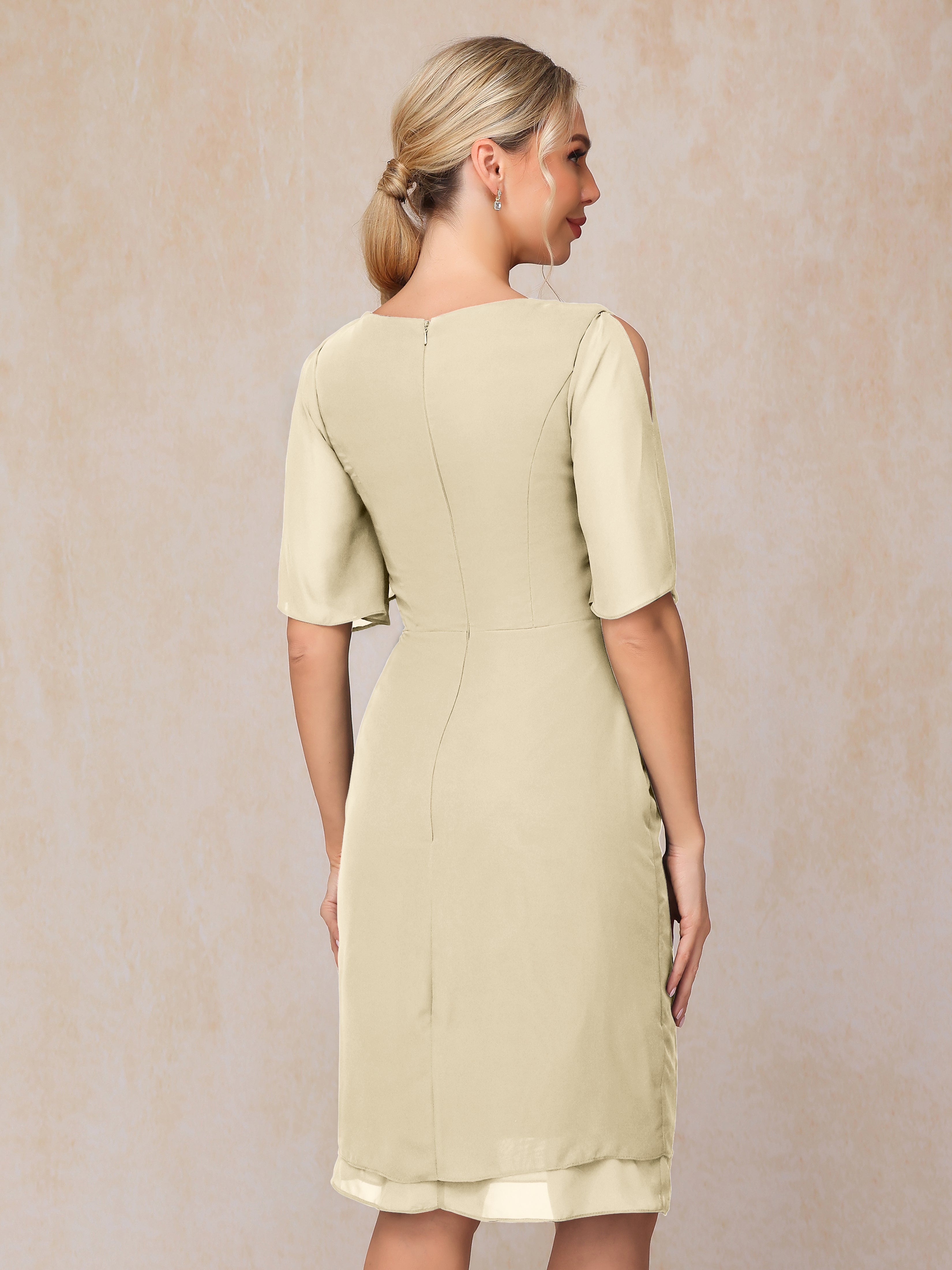 Short Sleeves Beading Knee Length Chiffon Mother Of The Groom Dress