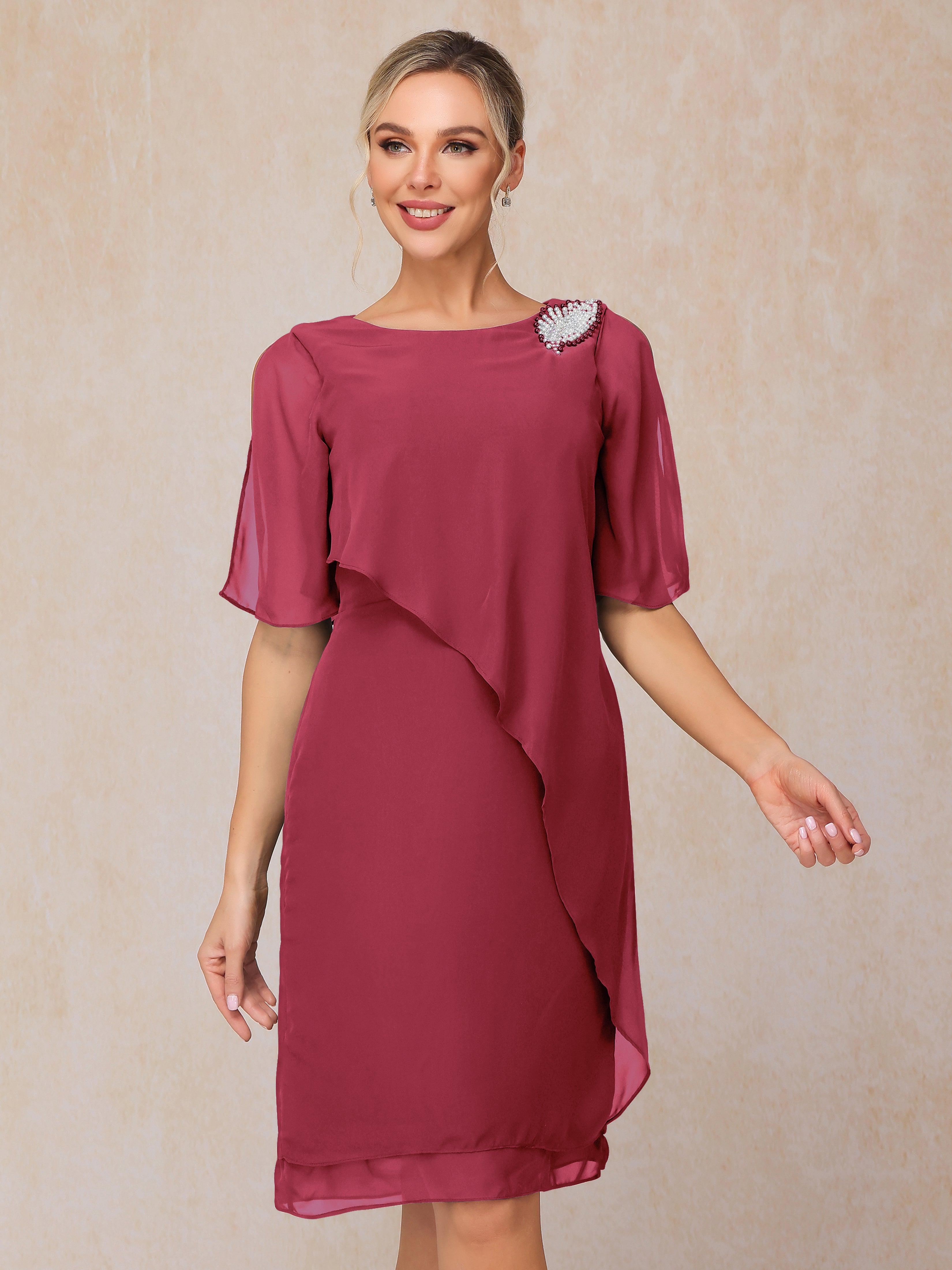 Short Sleeves Beading Knee Length Chiffon Mother Of The Groom Dress