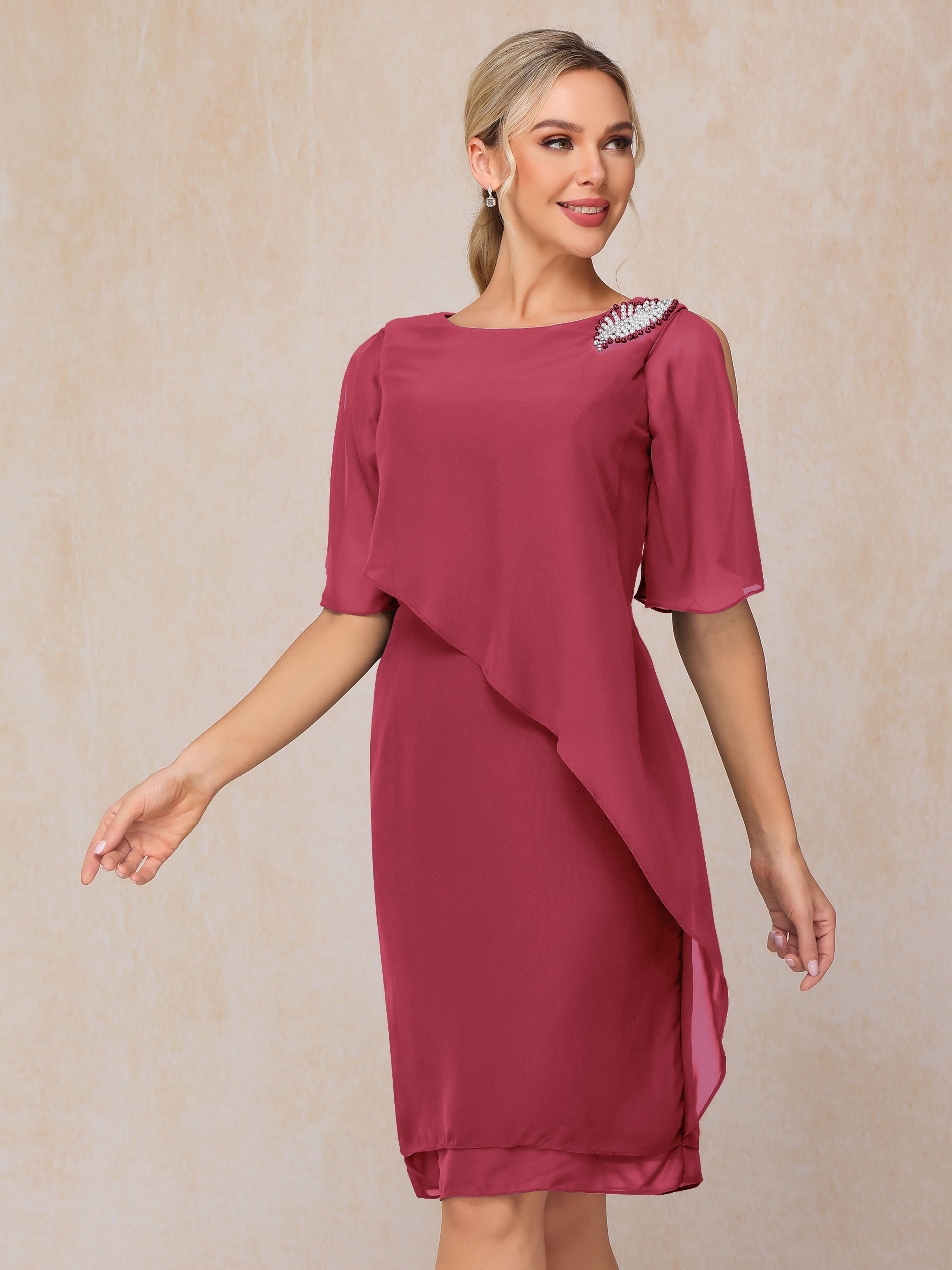 Short Sleeves Beading Knee Length Chiffon Mother Of The Groom Dress