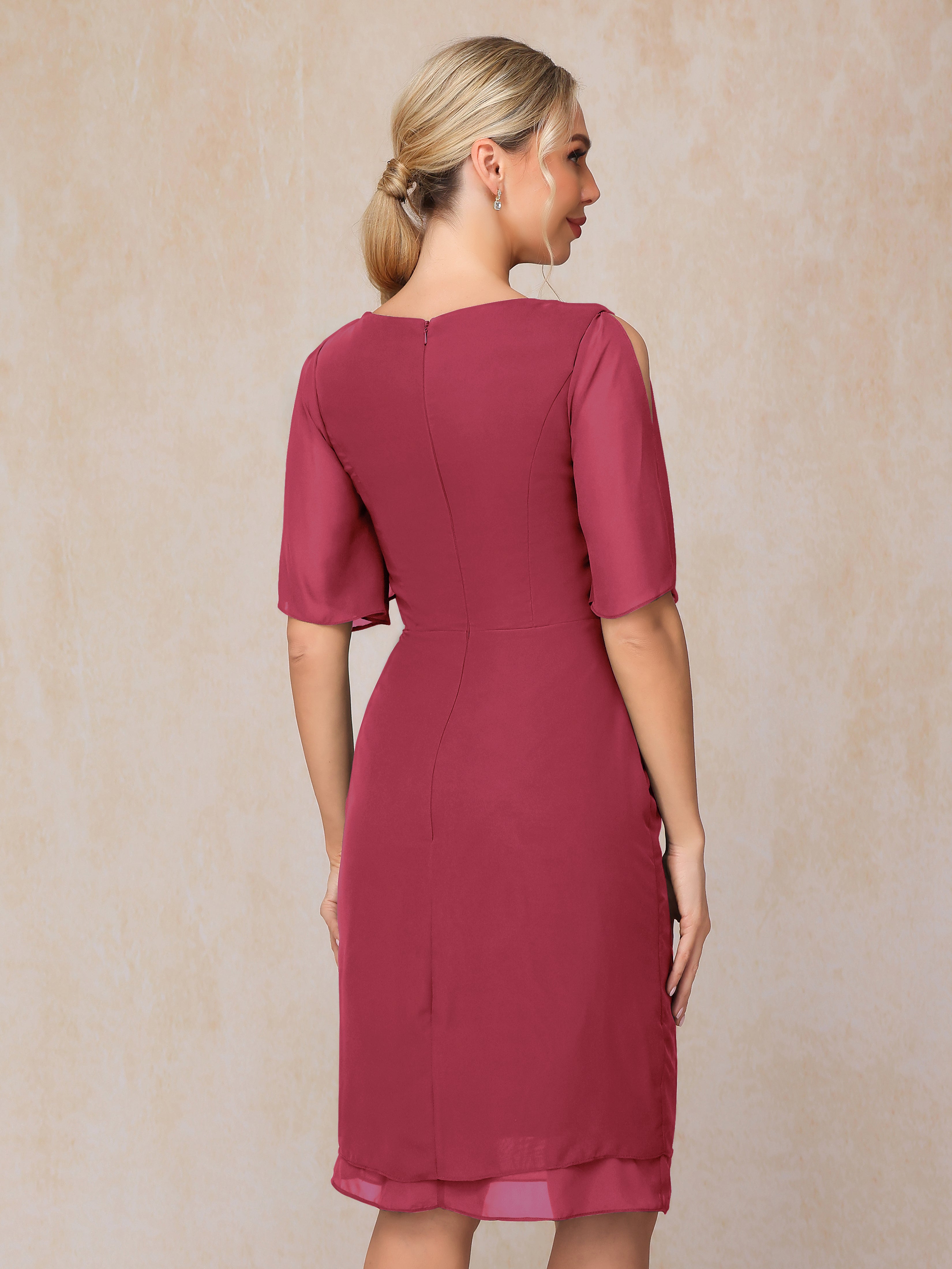 Short Sleeves Beading Knee Length Chiffon Mother Of The Groom Dress