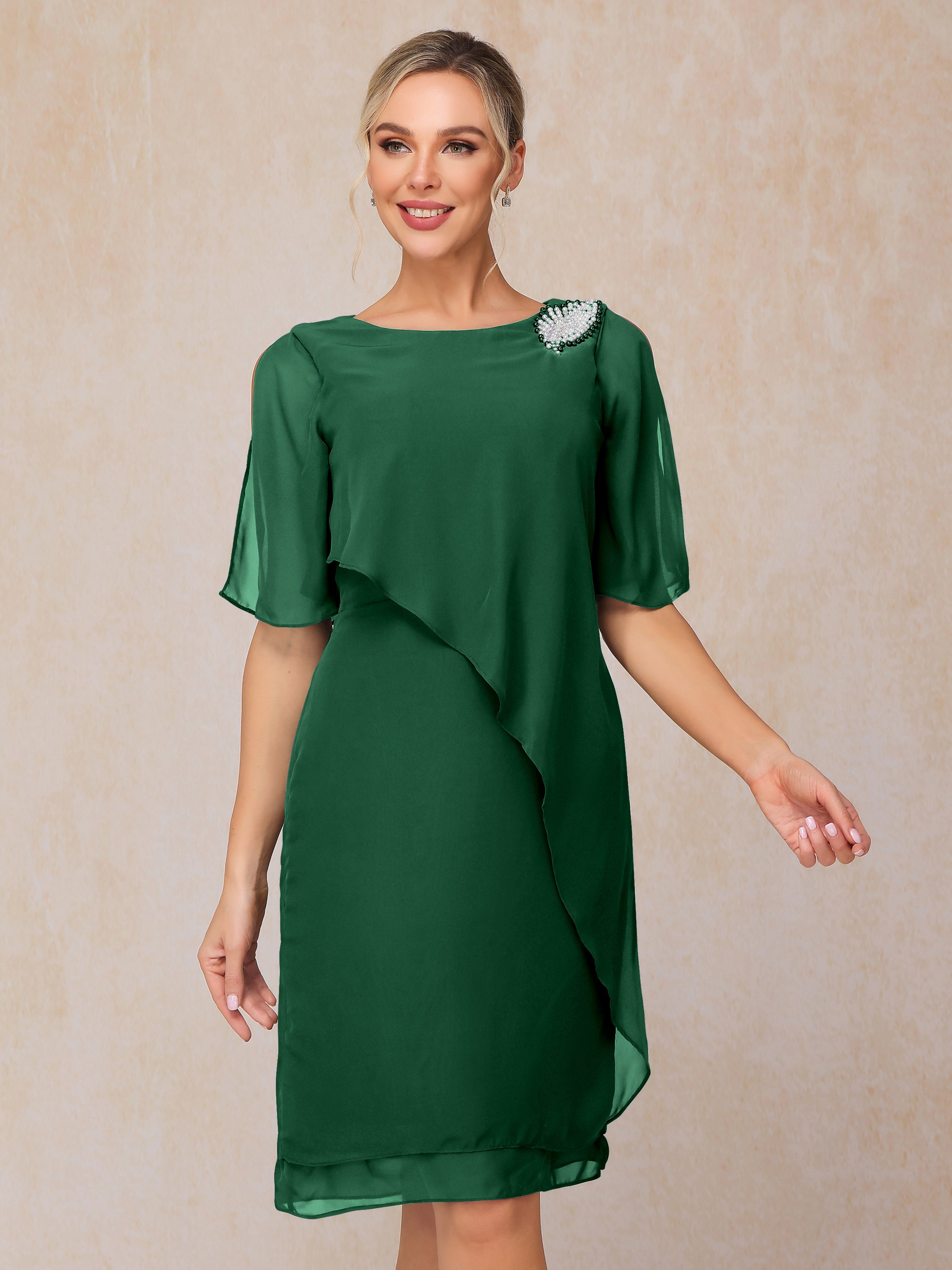 Short Sleeves Beading Knee Length Chiffon Mother Of The Groom Dress