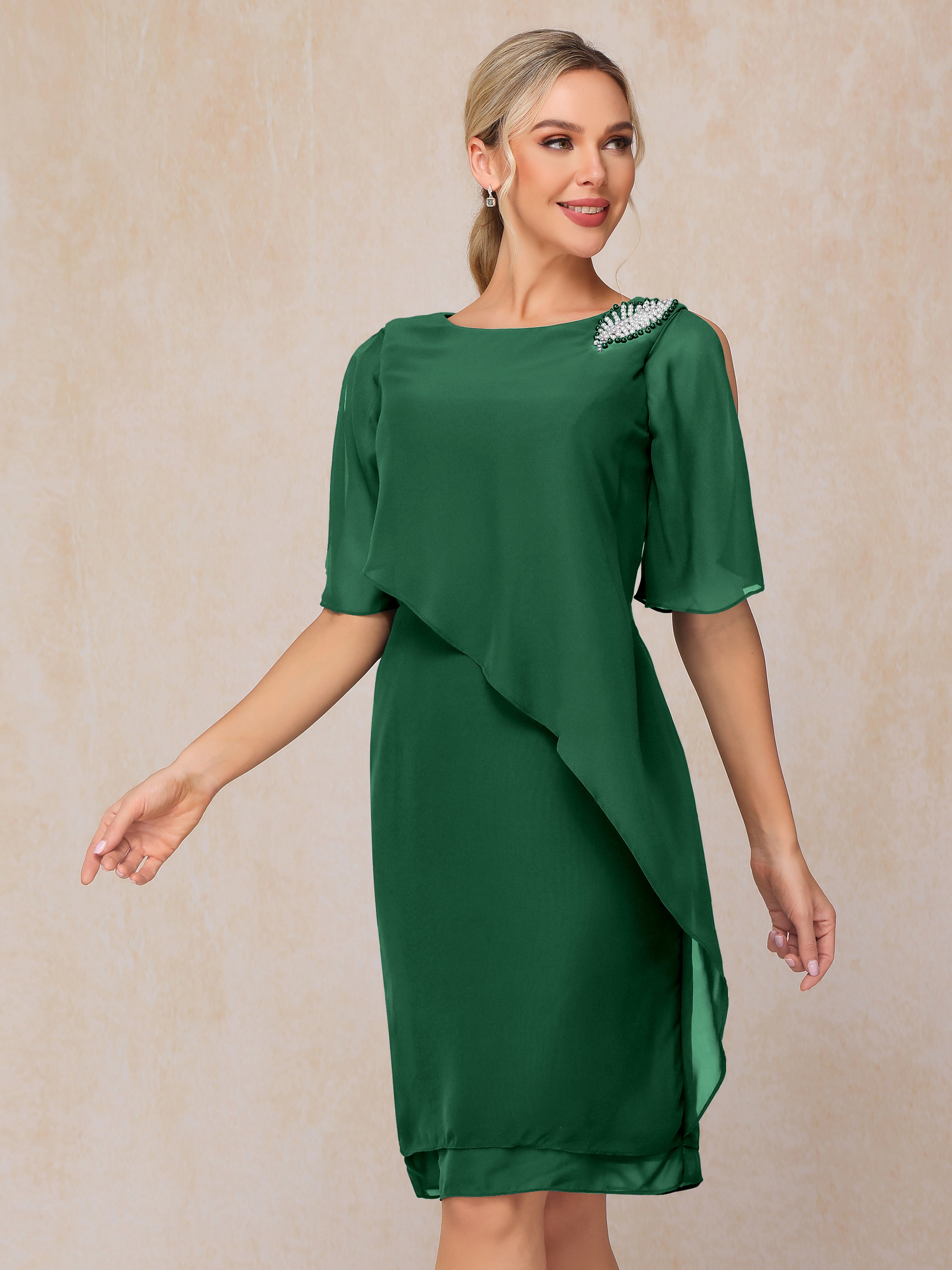 Short Sleeves Beading Knee Length Chiffon Mother Of The Groom Dress