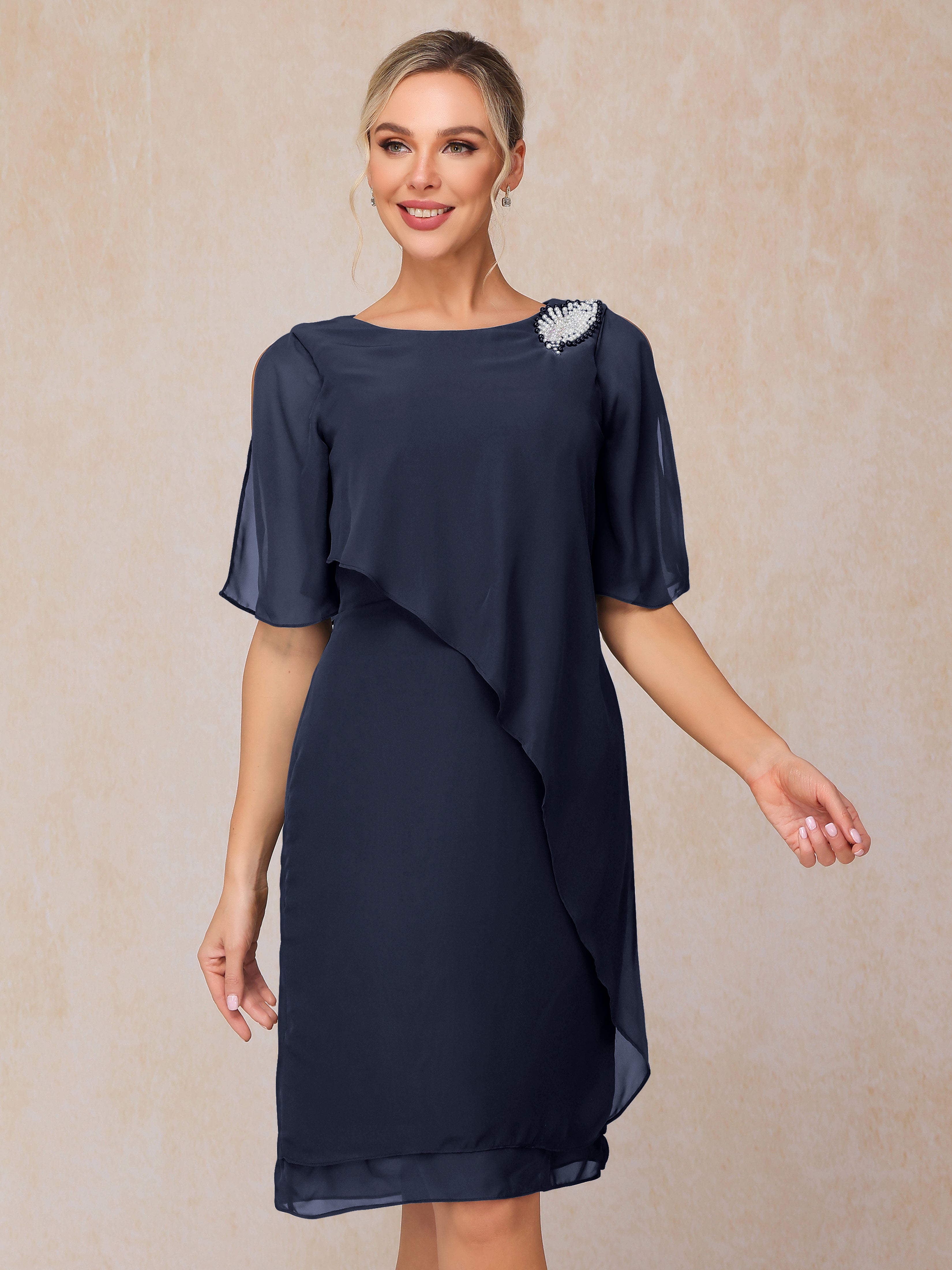 Short Sleeves Beading Knee Length Chiffon Mother Of The Groom Dress