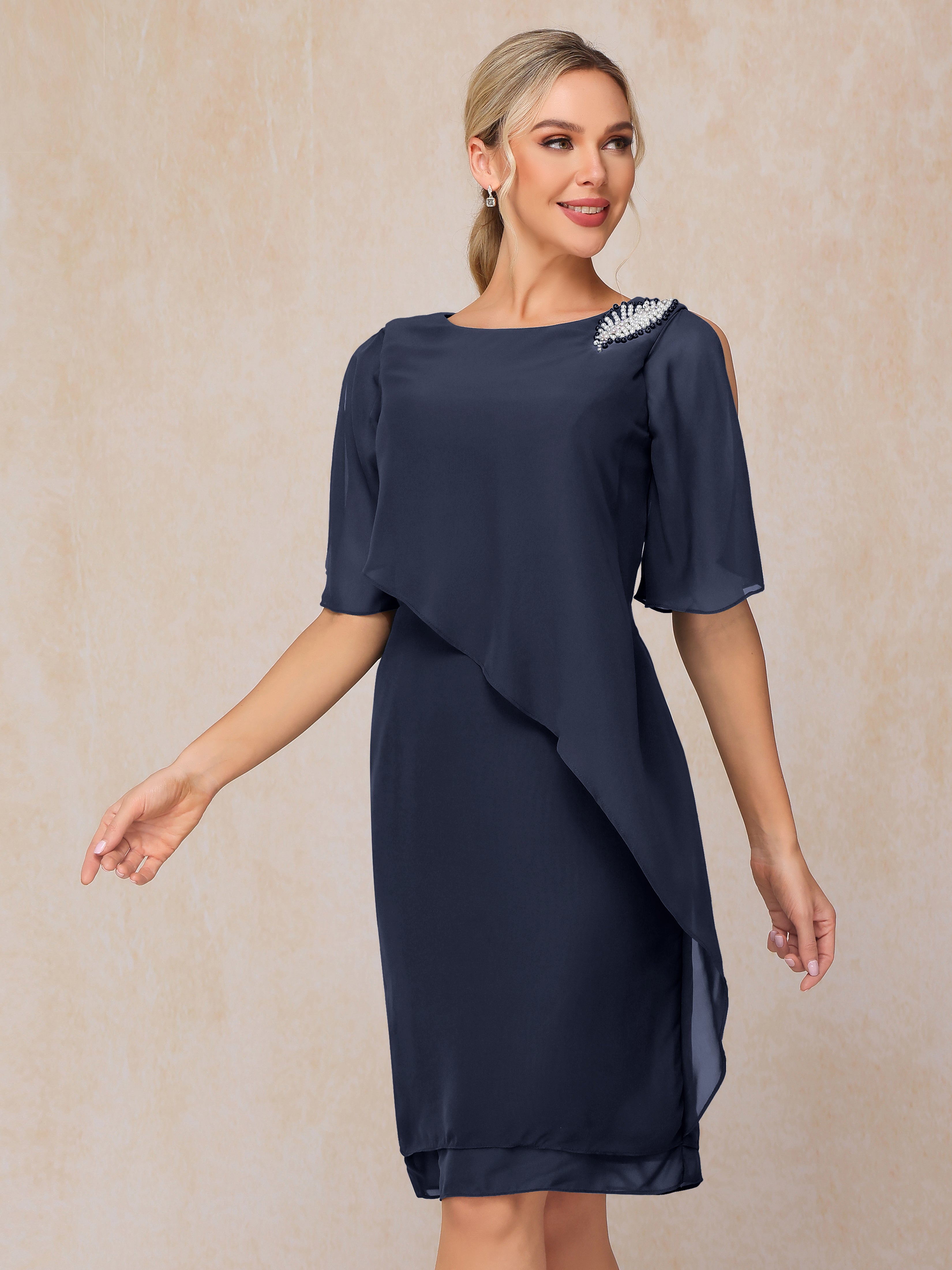 Short Sleeves Beading Knee Length Chiffon Mother Of The Groom Dress