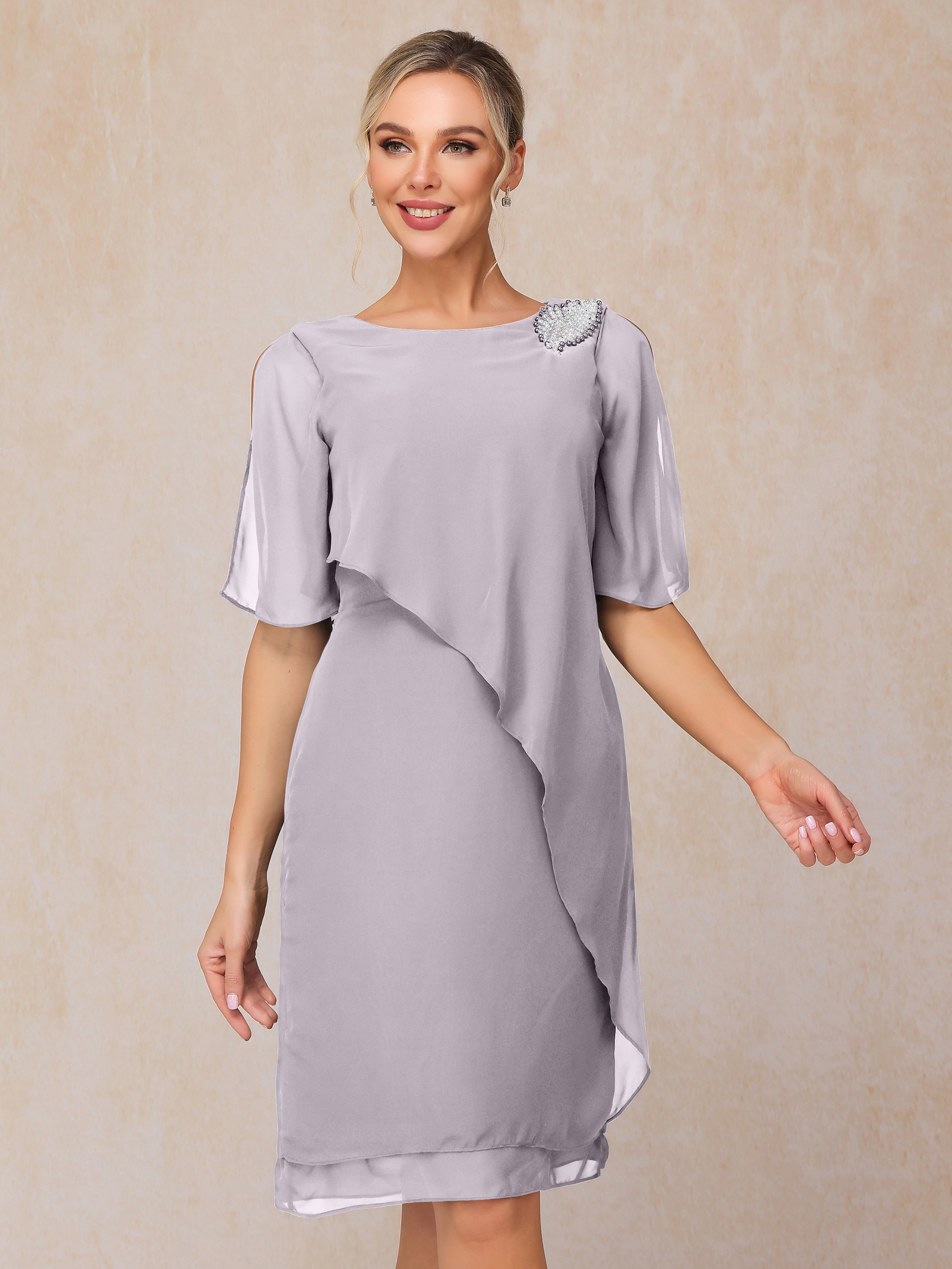 Short Sleeves Beading Knee Length Chiffon Mother Of The Groom Dress