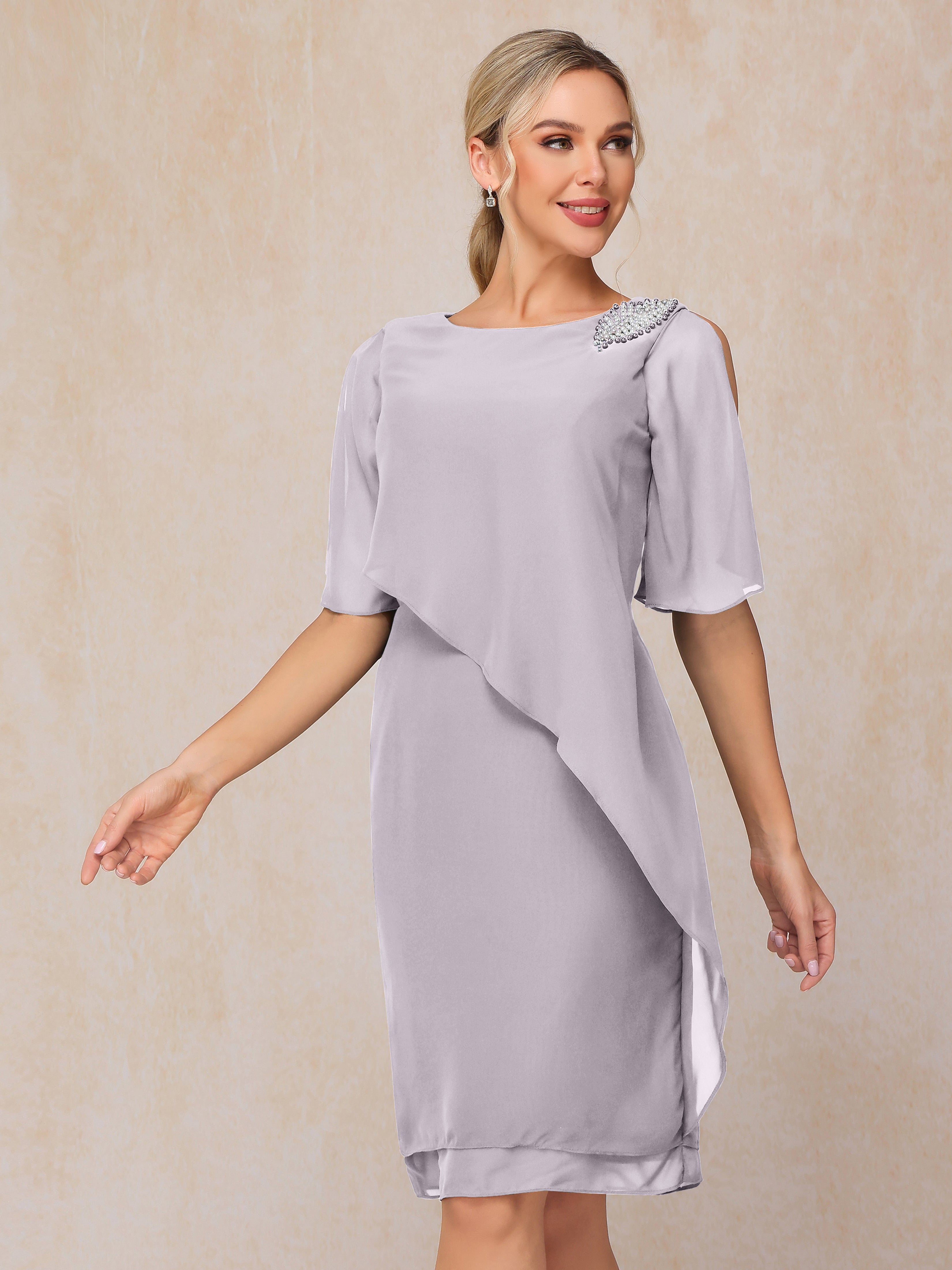 Short Sleeves Beading Knee Length Chiffon Mother Of The Groom Dress