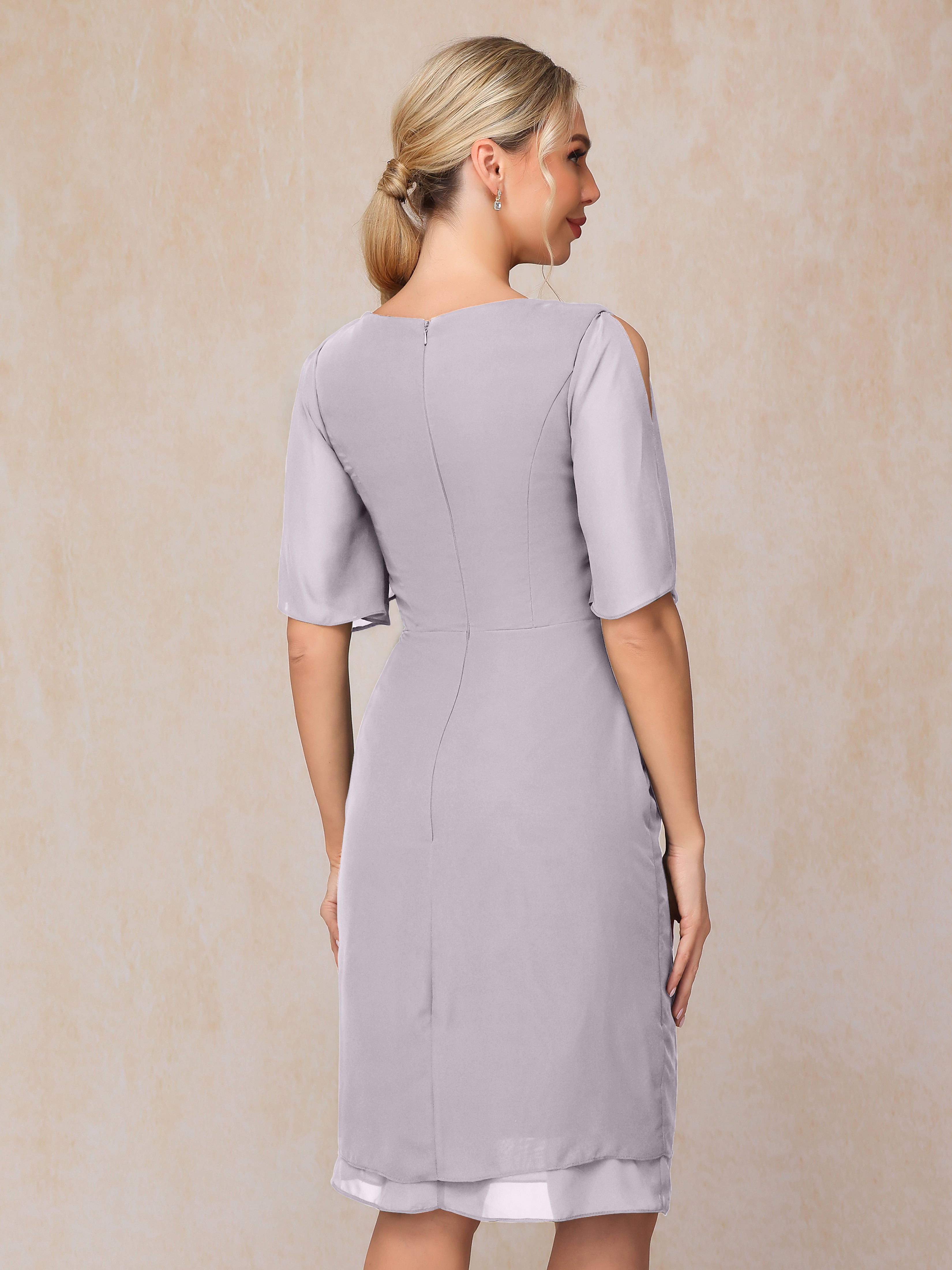 Short Sleeves Beading Knee Length Chiffon Mother Of The Groom Dress