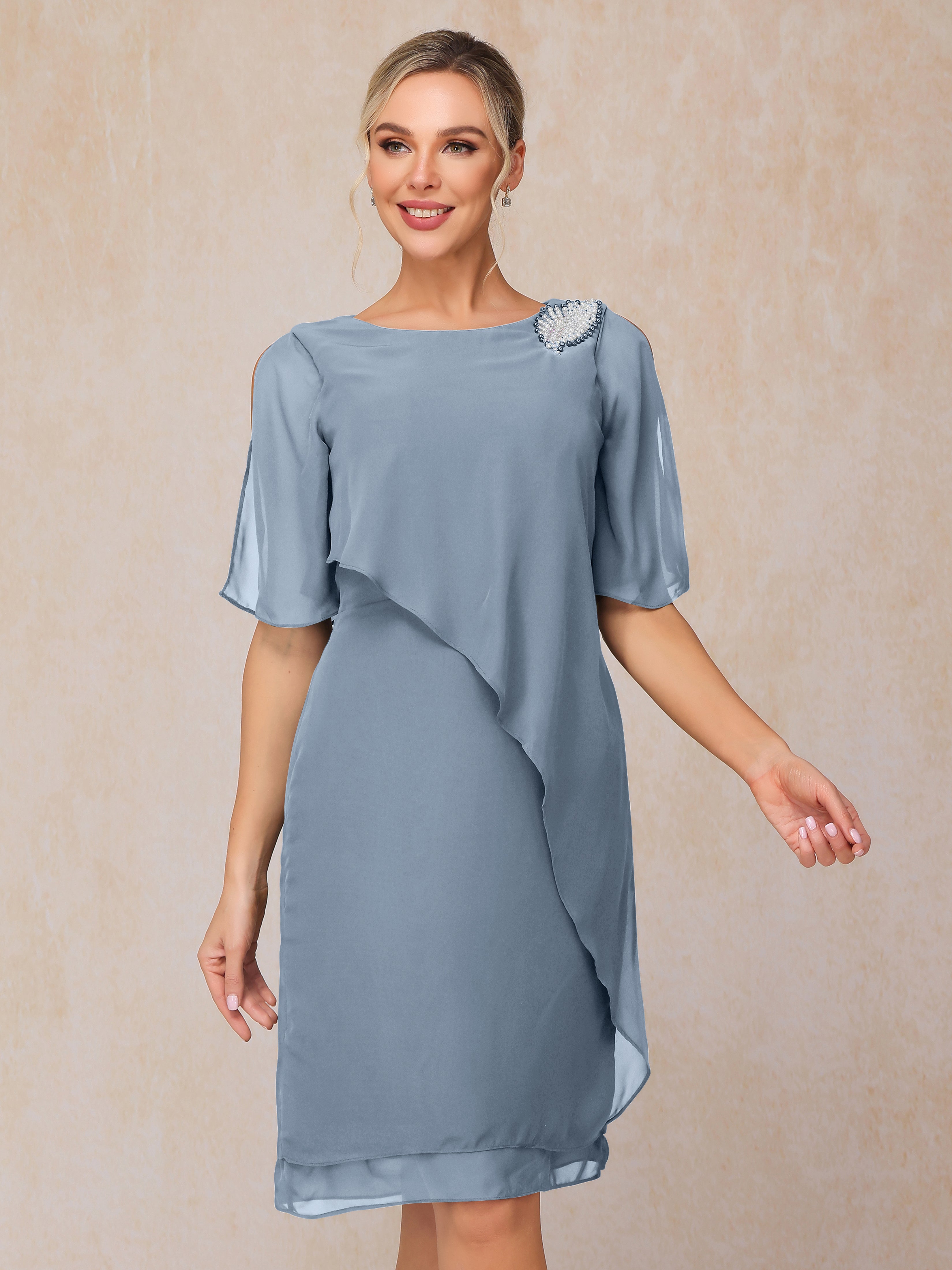 Short Sleeves Beading Knee Length Chiffon Mother Of The Groom Dress