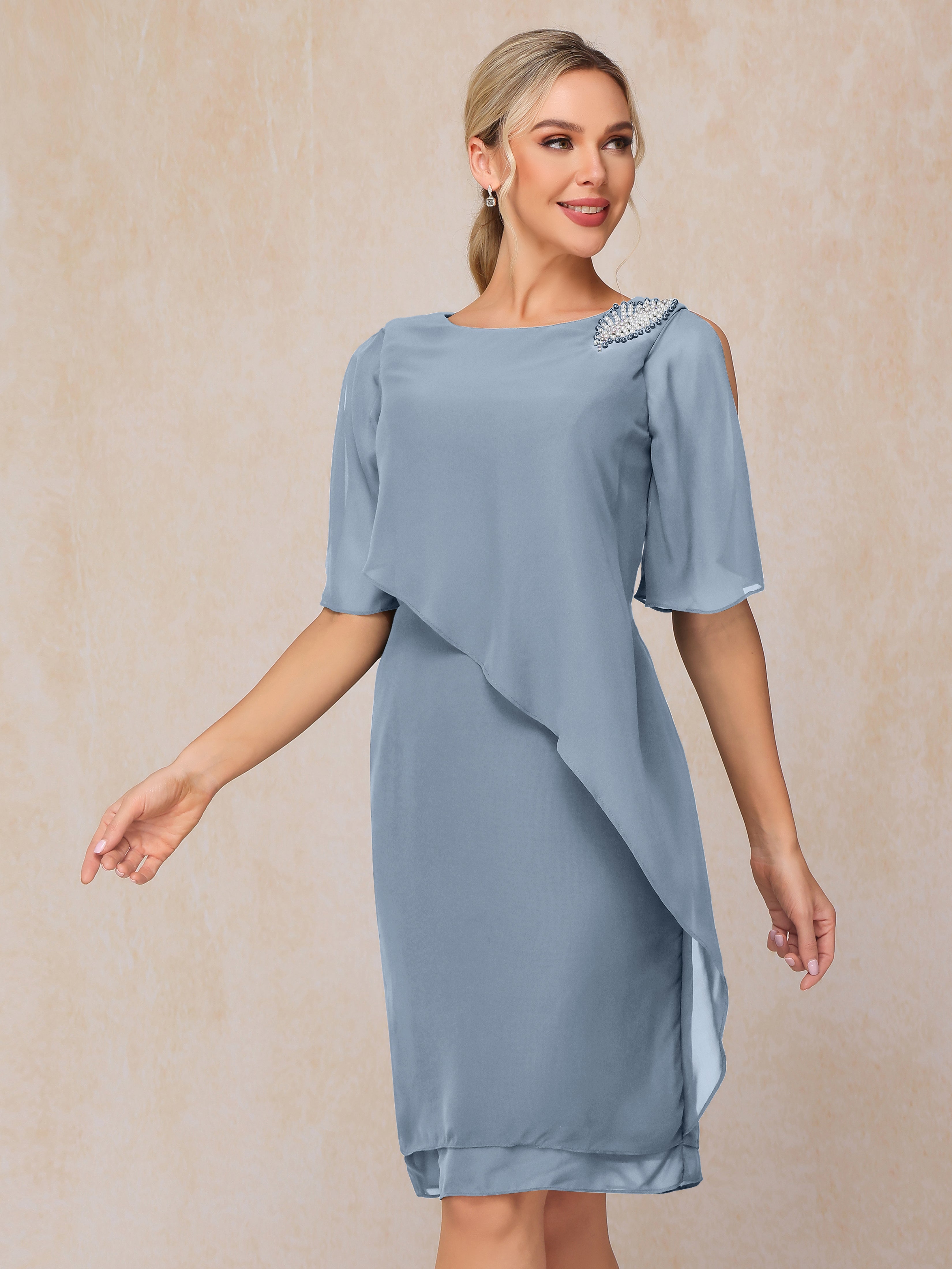 Short Sleeves Beading Knee Length Chiffon Mother Of The Groom Dress