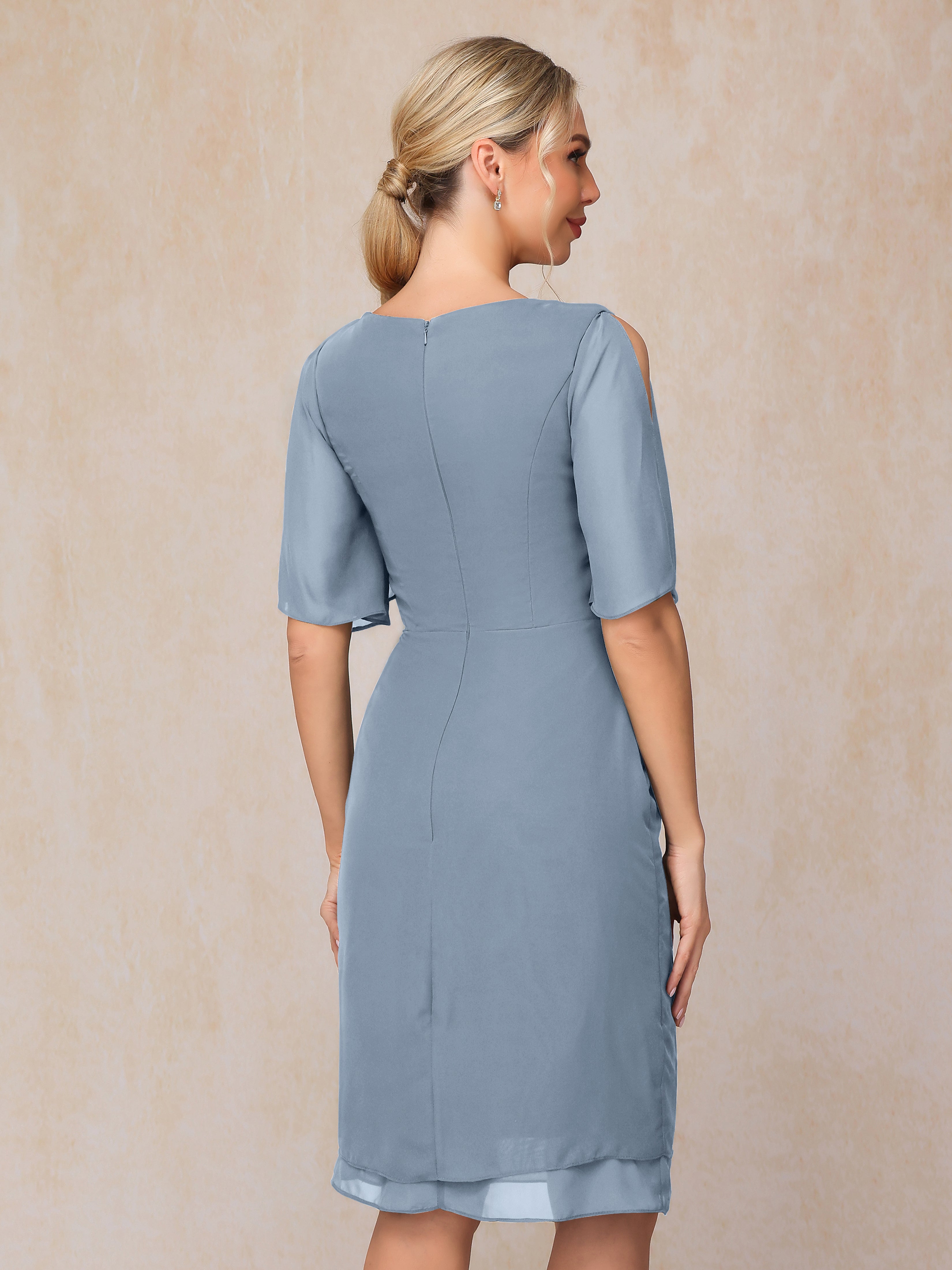 Short Sleeves Beading Knee Length Chiffon Mother Of The Groom Dress