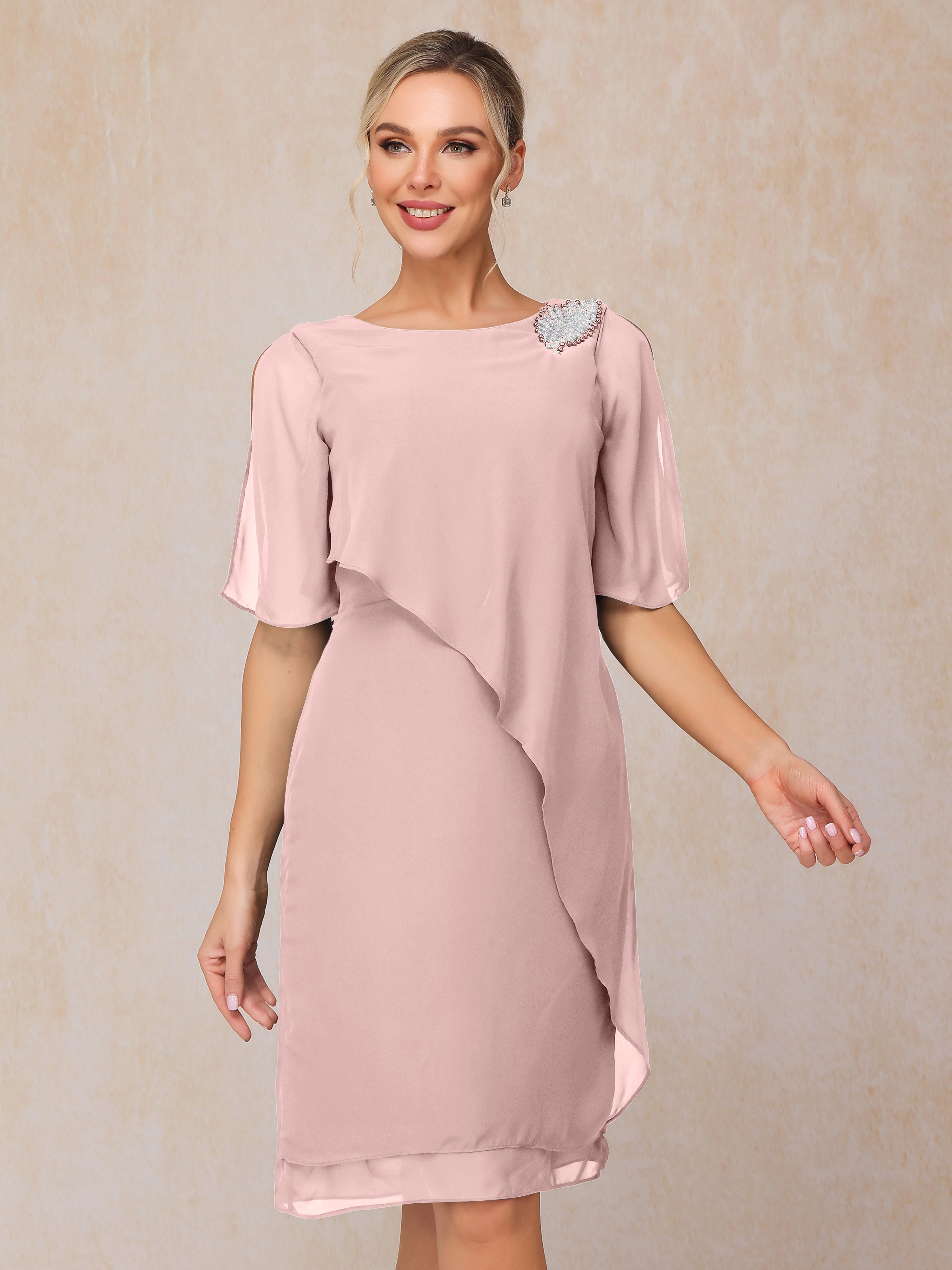 Short Sleeves Beading Knee Length Chiffon Mother Of The Groom Dress
