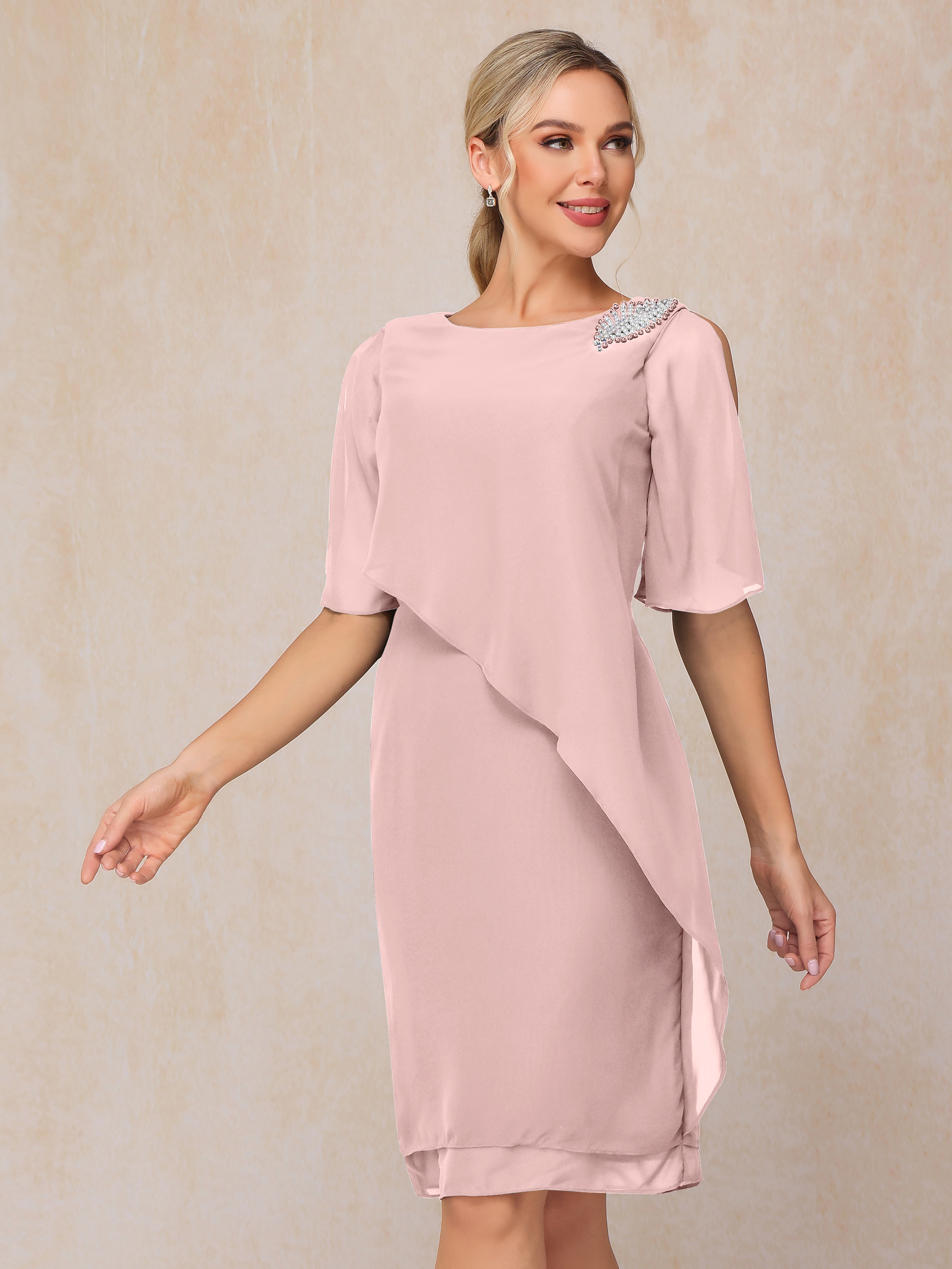 Short Sleeves Beading Knee Length Chiffon Mother Of The Groom Dress