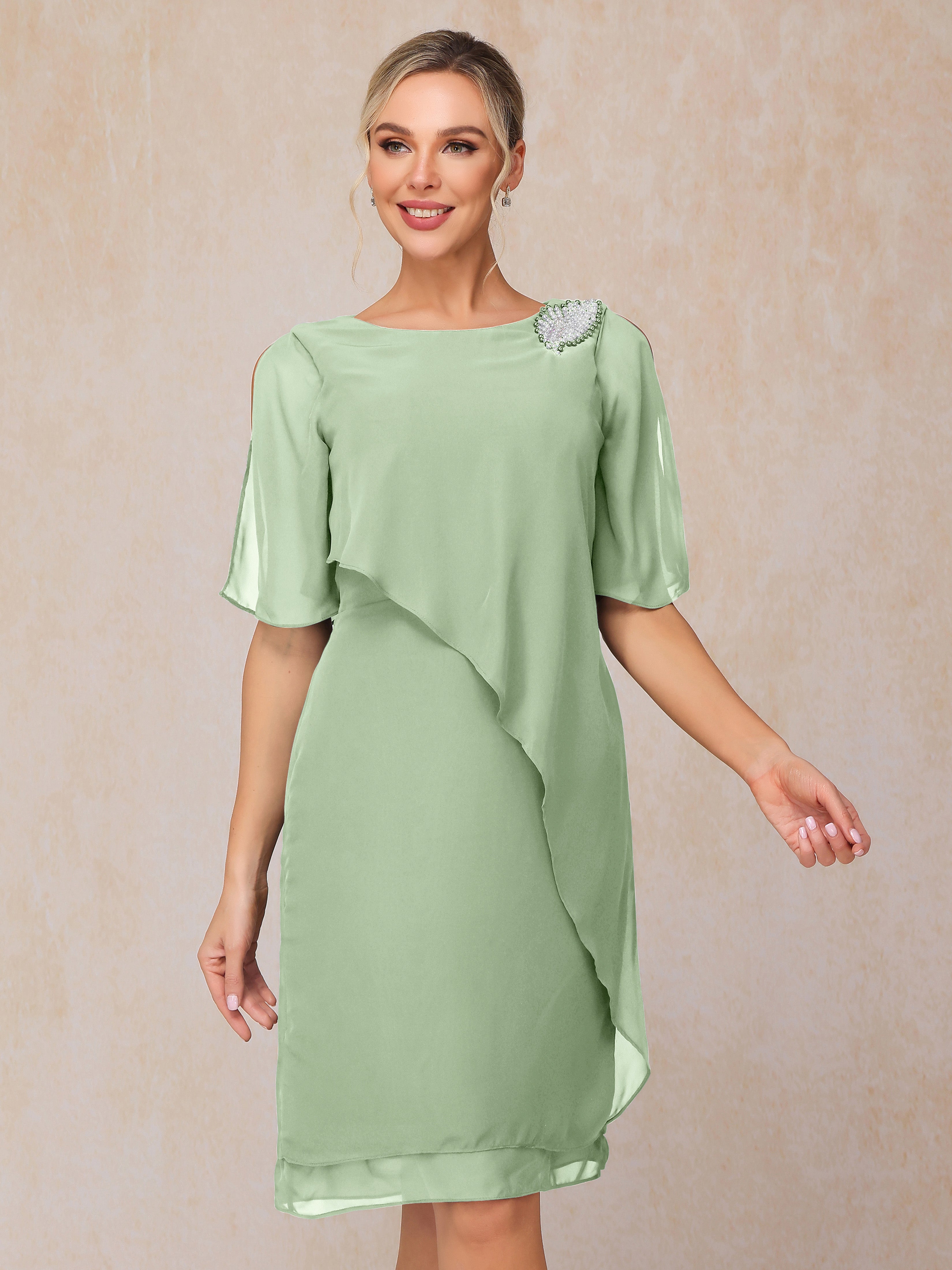 Short Sleeves Beading Knee Length Chiffon Mother Of The Groom Dress