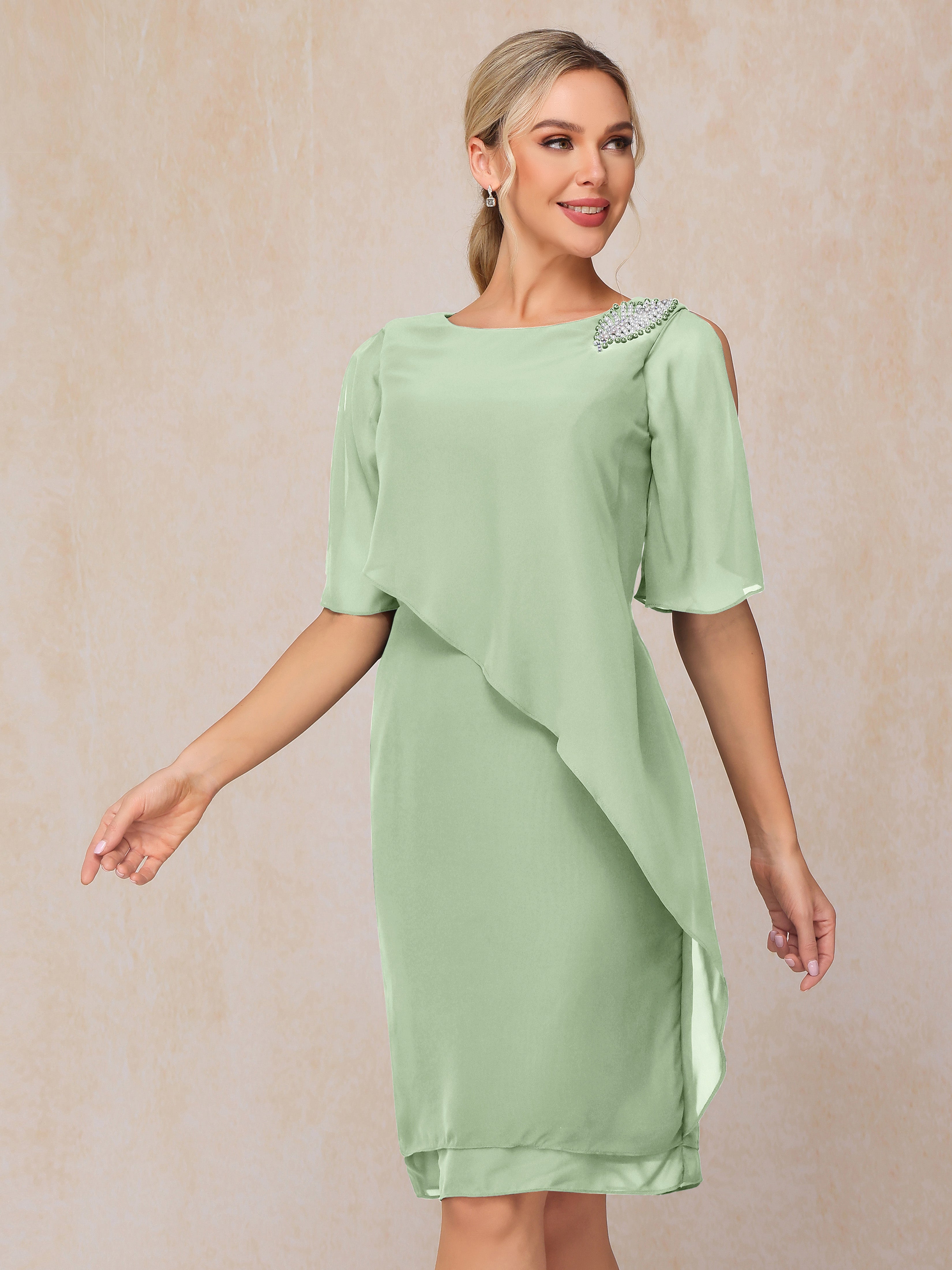 Short Sleeves Beading Knee Length Chiffon Mother Of The Groom Dress
