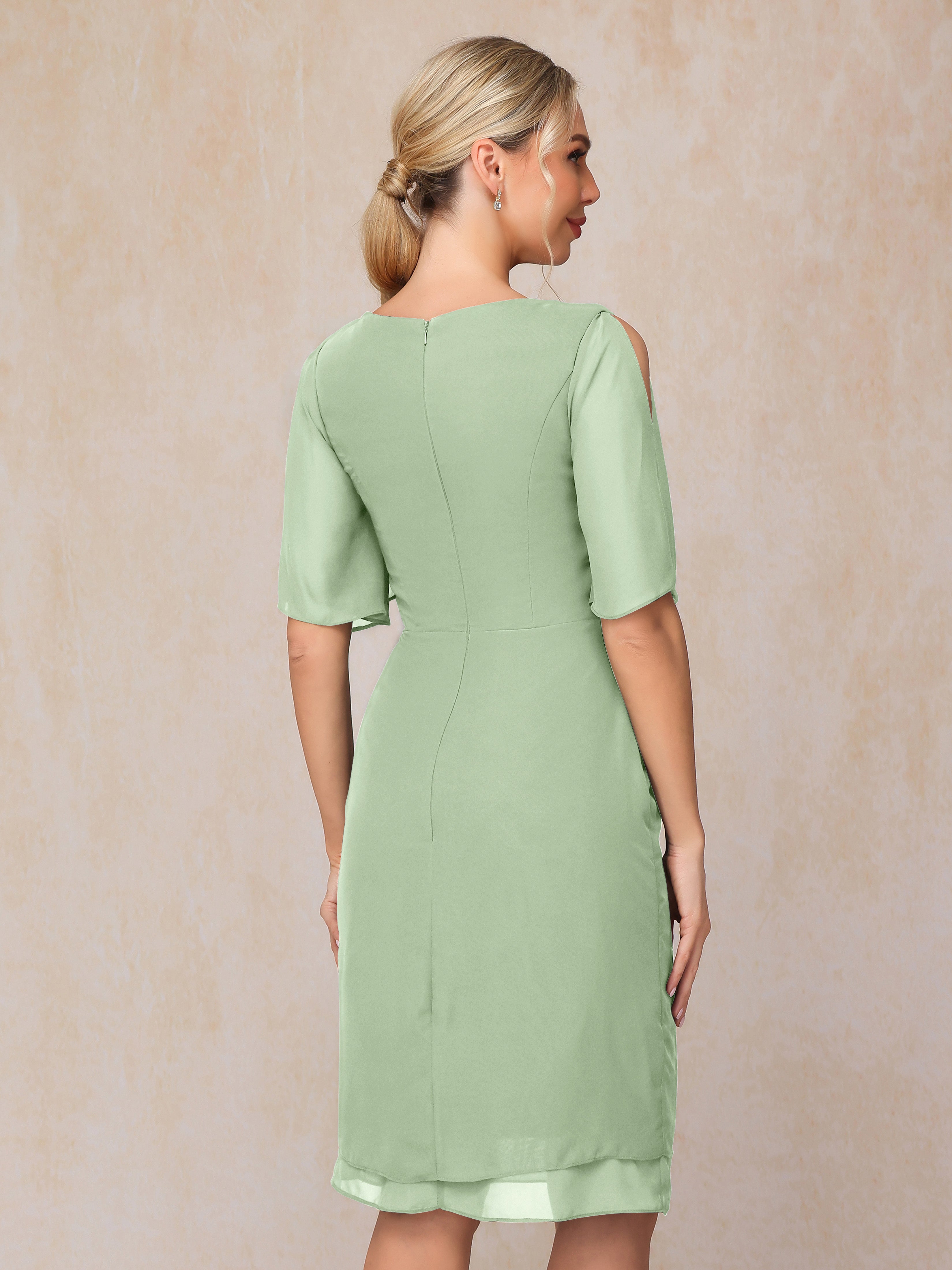 Short Sleeves Beading Knee Length Chiffon Mother Of The Groom Dress