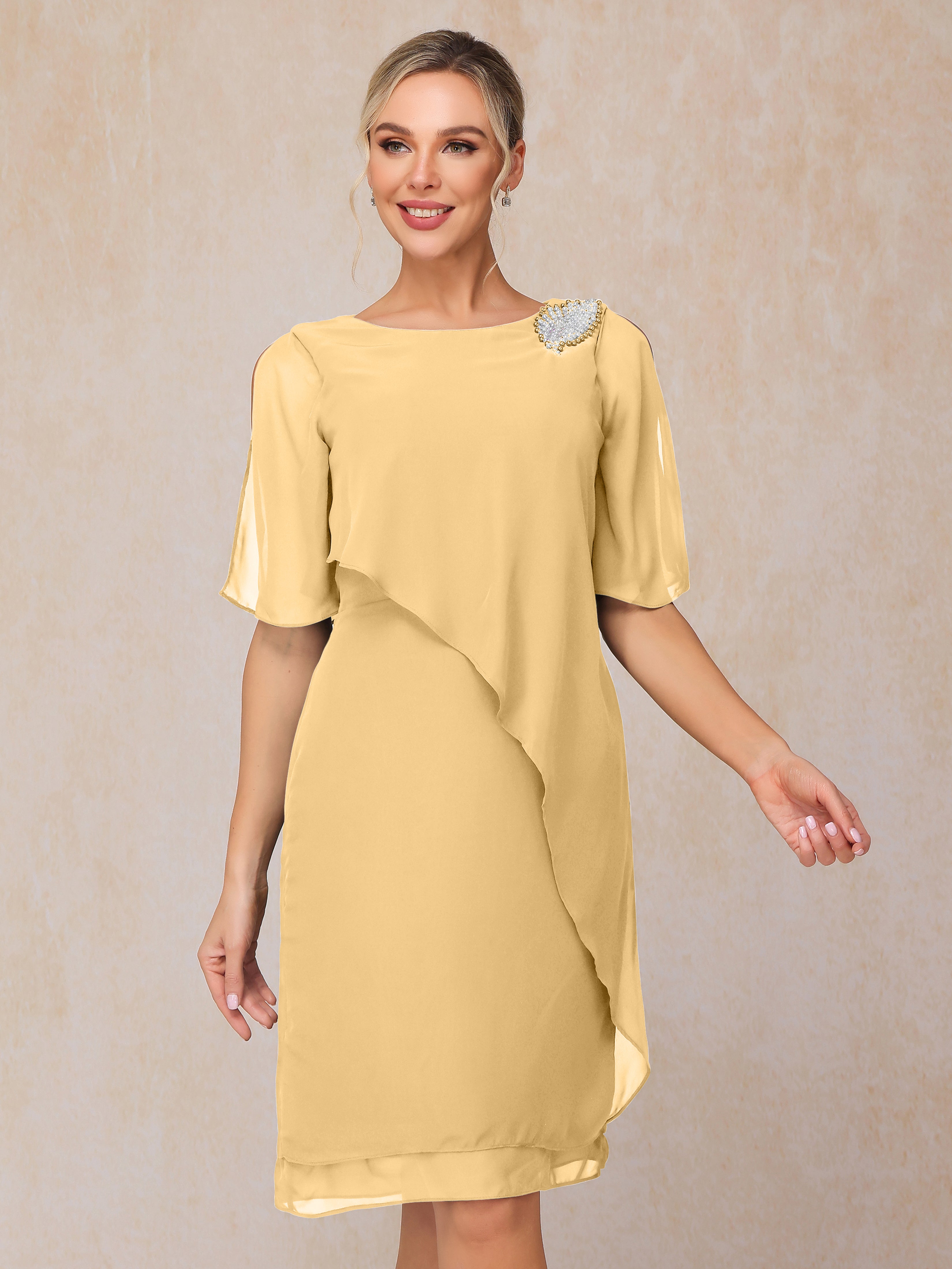 Short Sleeves Beading Knee Length Chiffon Mother Of The Groom Dress