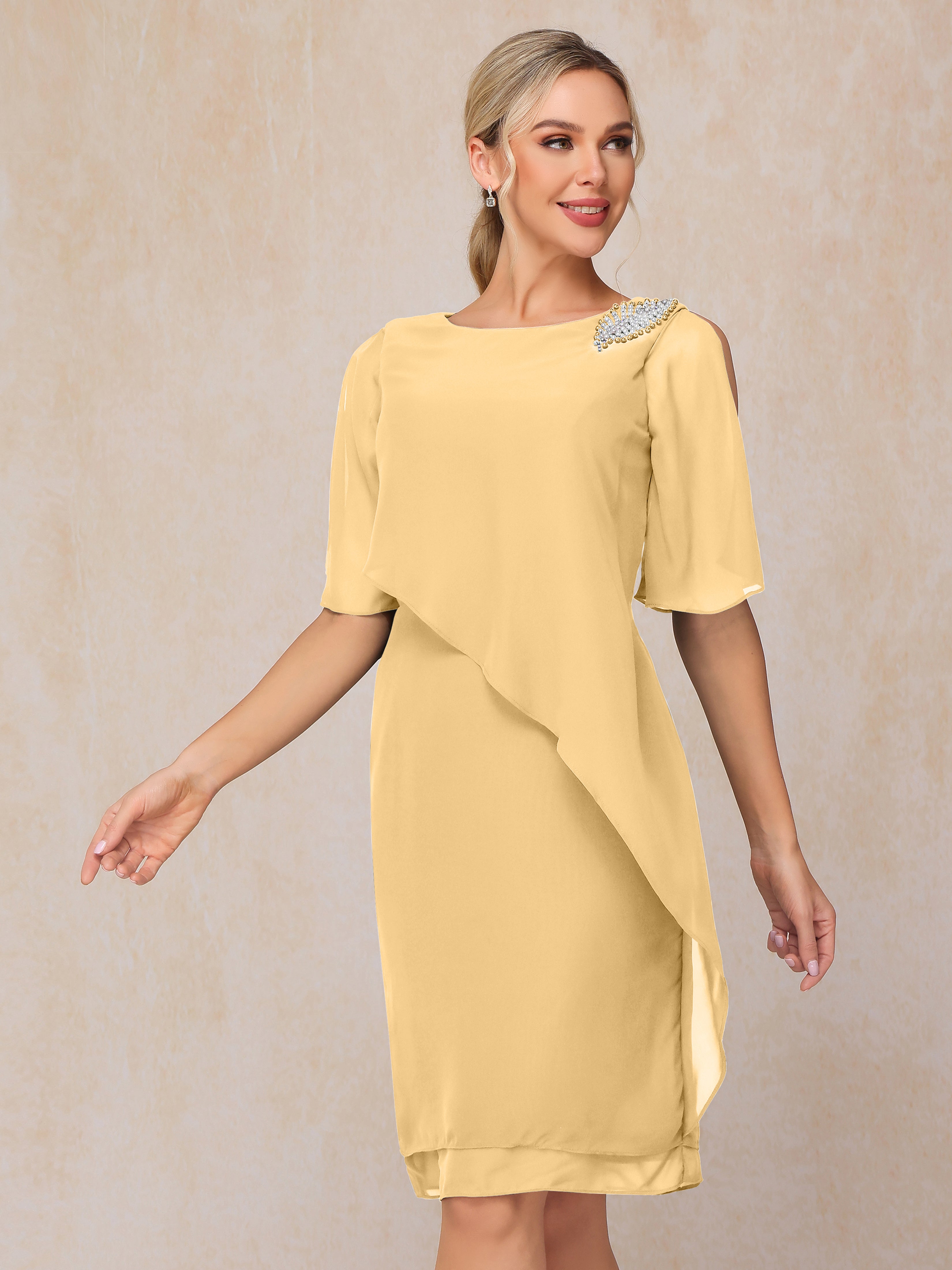 Short Sleeves Beading Knee Length Chiffon Mother Of The Groom Dress