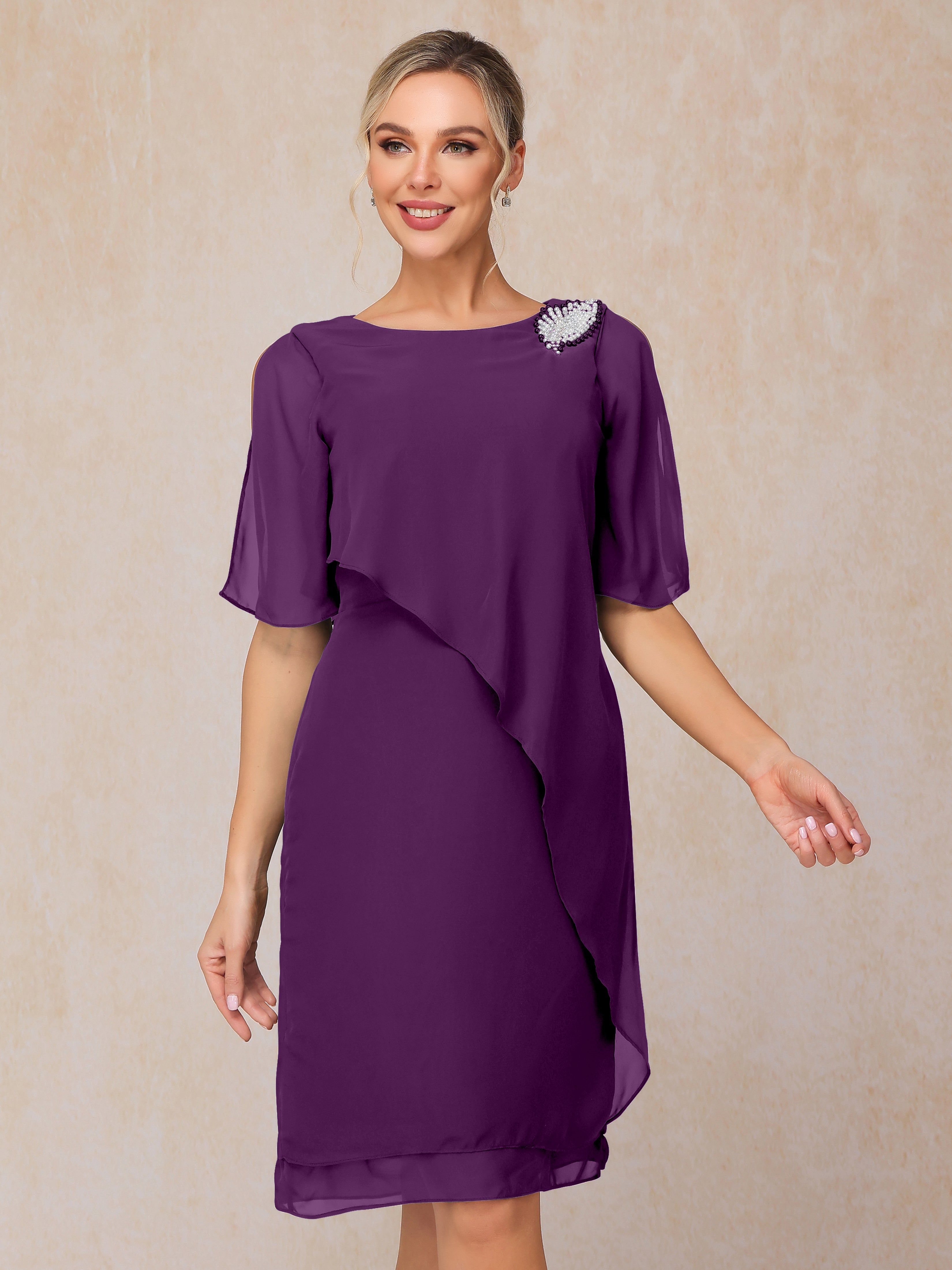 Short Sleeves Beading Knee Length Chiffon Mother Of The Groom Dress
