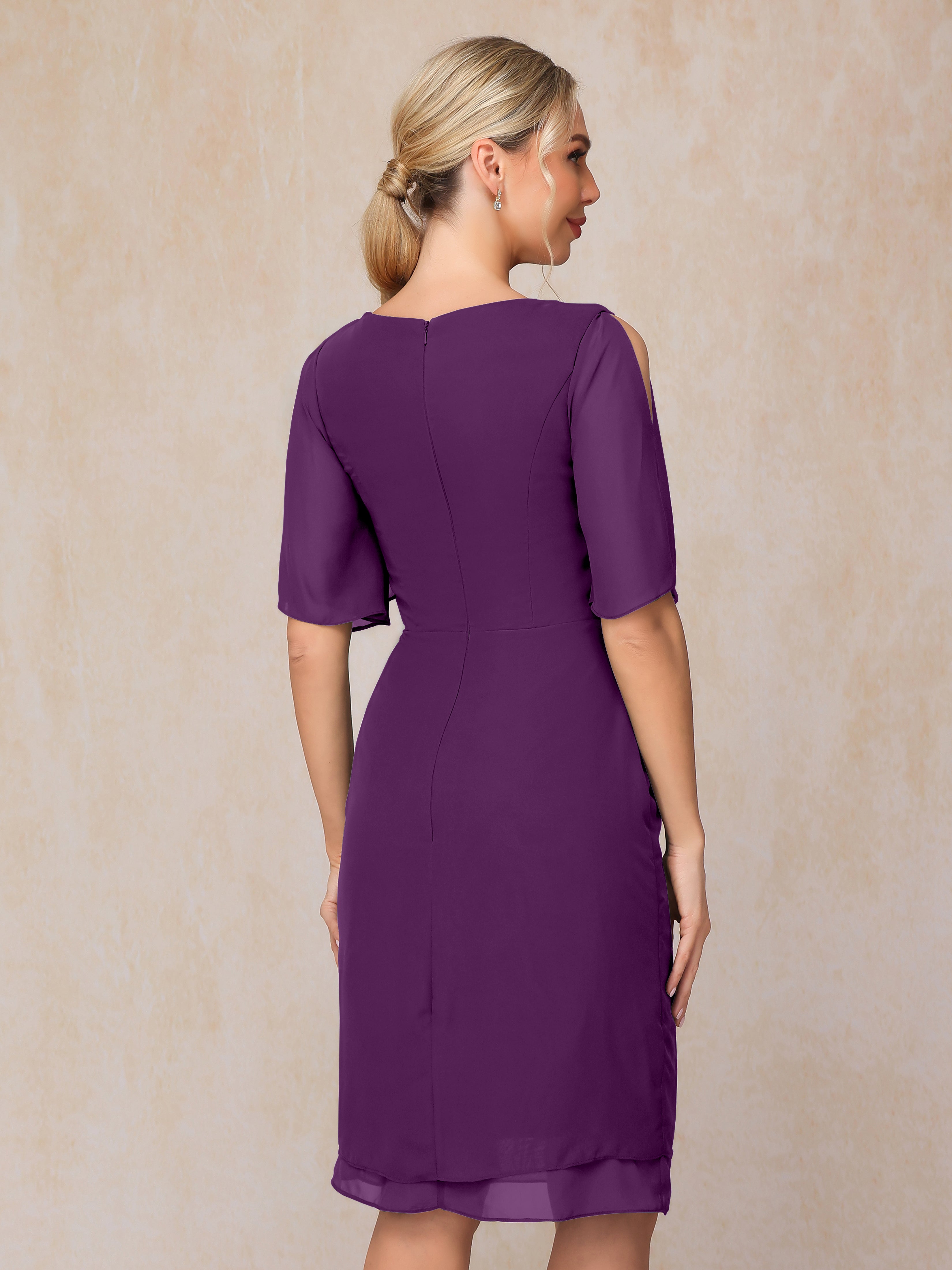 Short Sleeves Beading Knee Length Chiffon Mother Of The Groom Dress