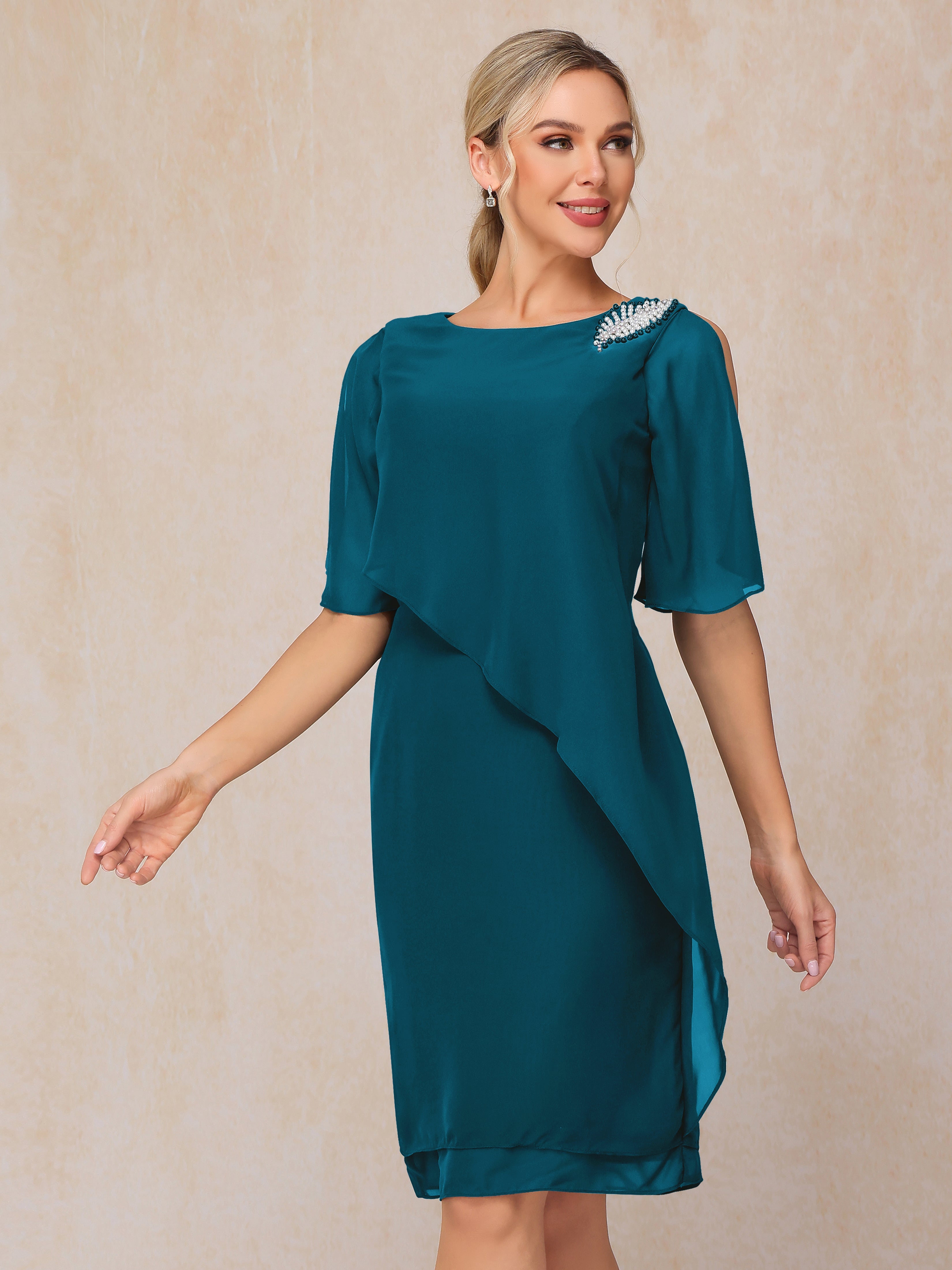 Short Sleeves Beading Knee Length Chiffon Mother Of The Groom Dress