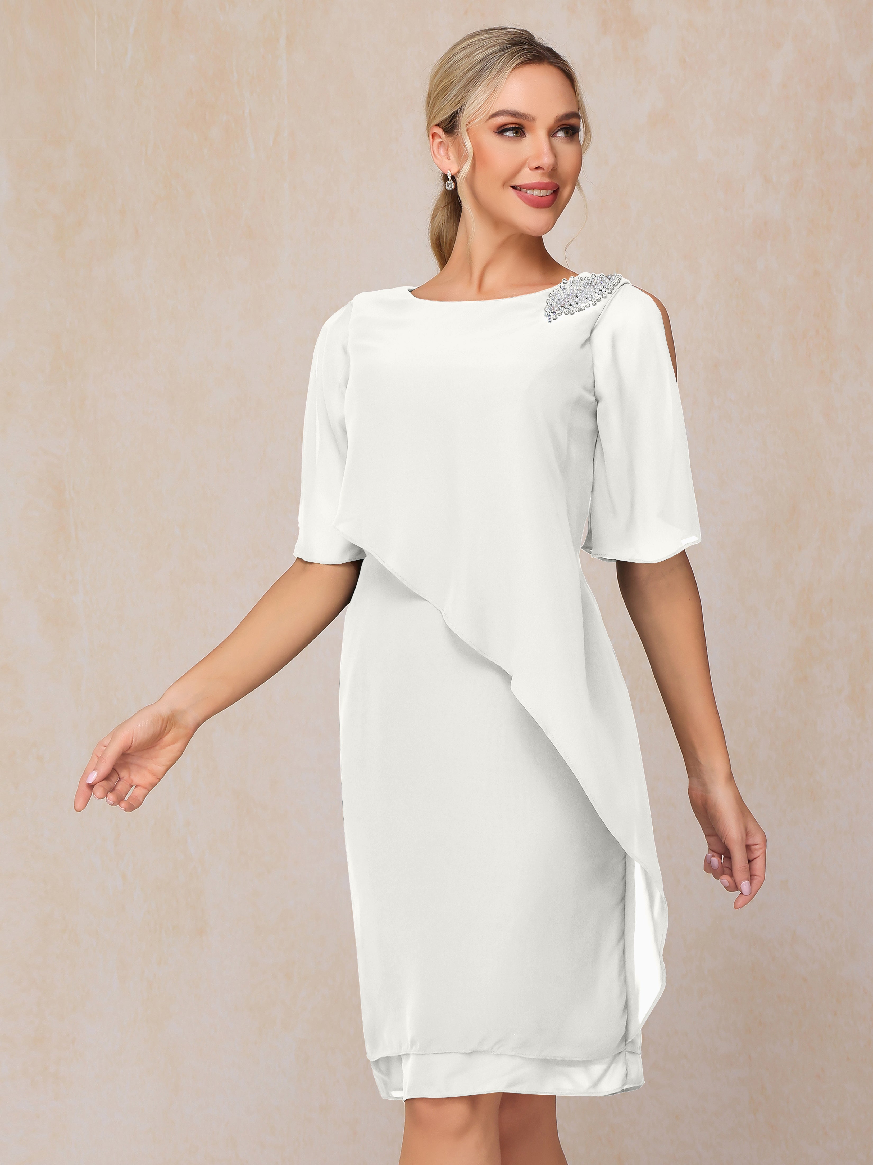 Short Sleeves Beading Knee Length Chiffon Mother Of The Groom Dress