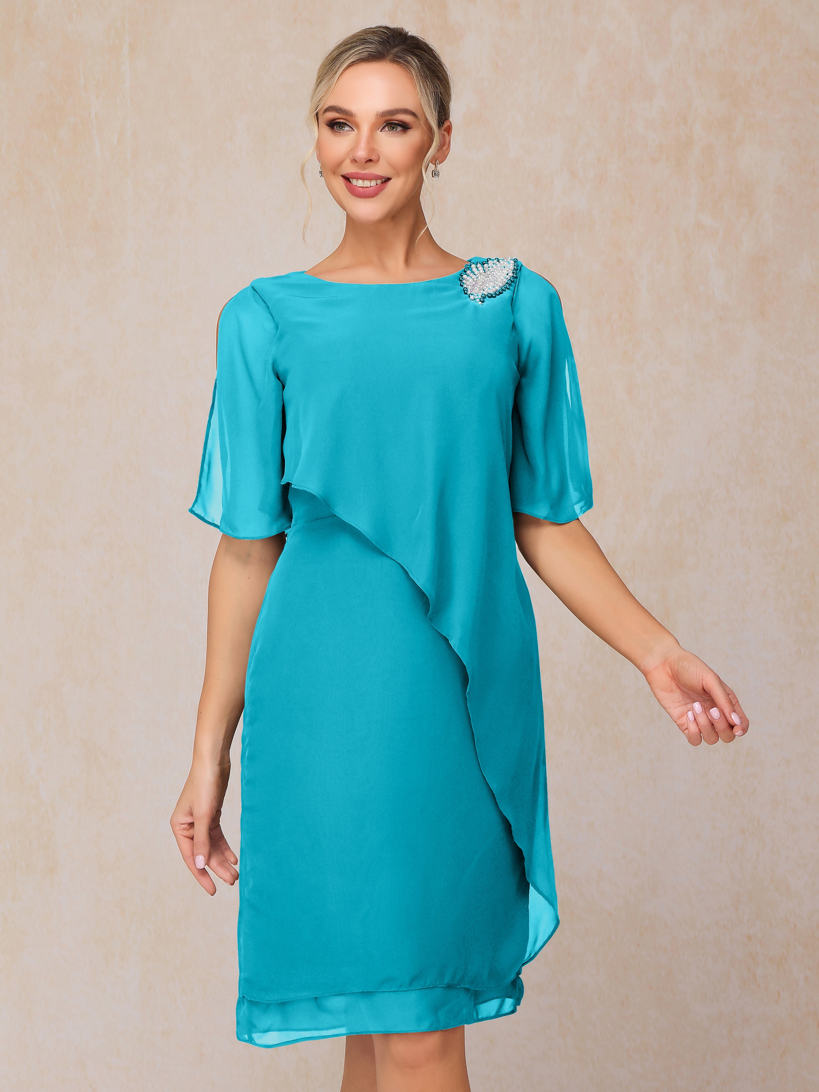 Short Sleeves Beading Knee Length Chiffon Mother Of The Groom Dress