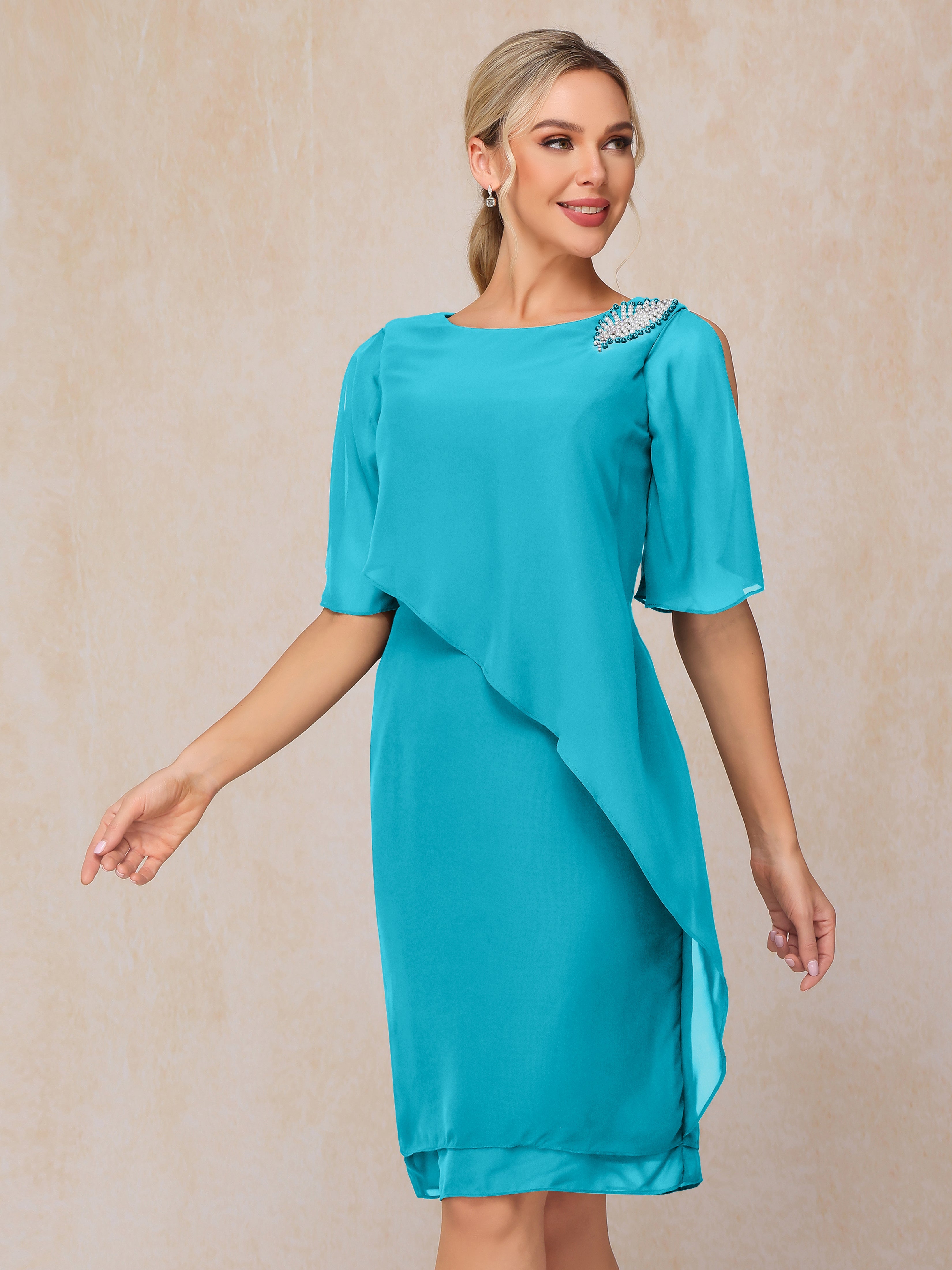 Short Sleeves Beading Knee Length Chiffon Mother Of The Groom Dress