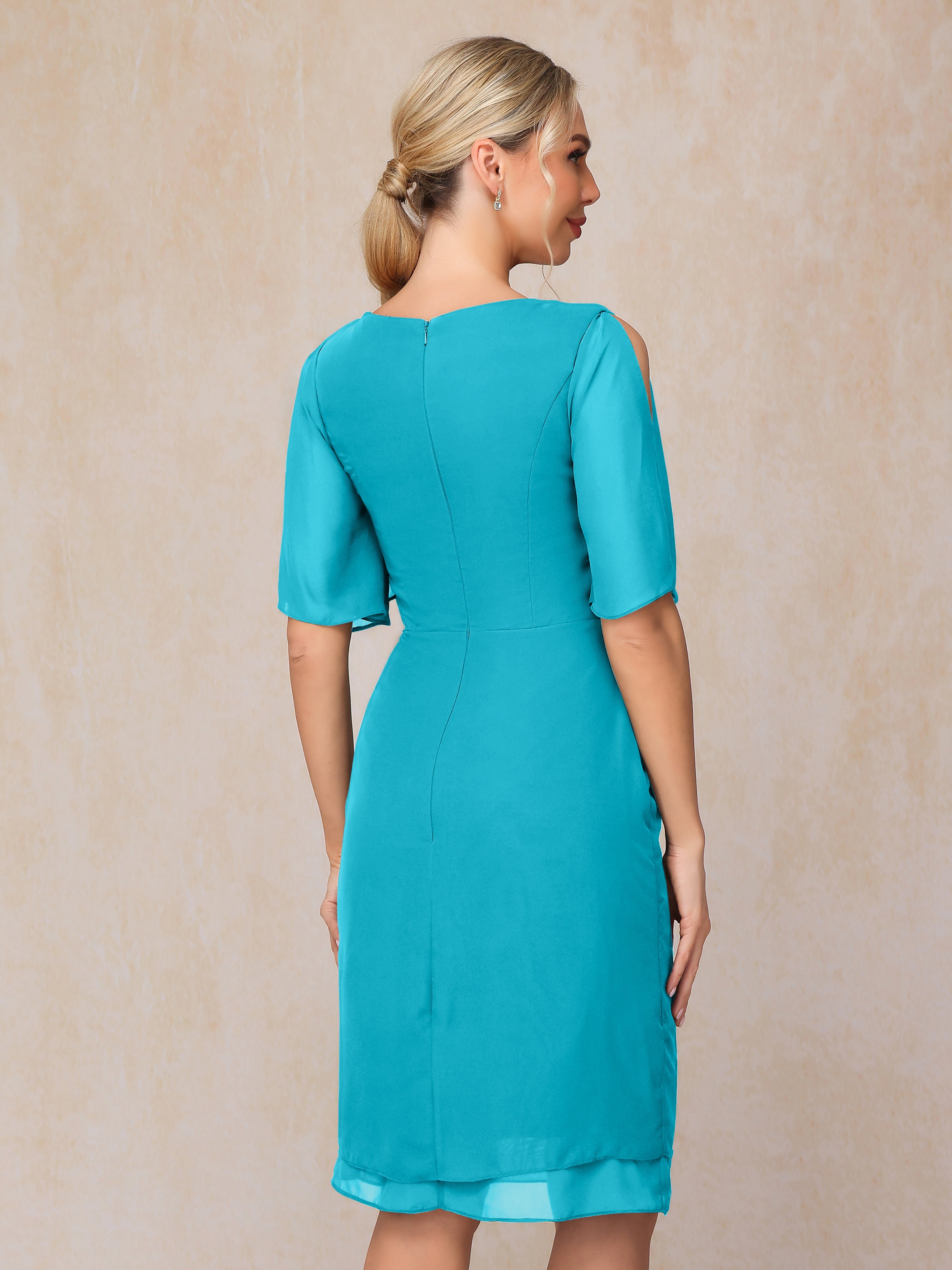 Short Sleeves Beading Knee Length Chiffon Mother Of The Groom Dress