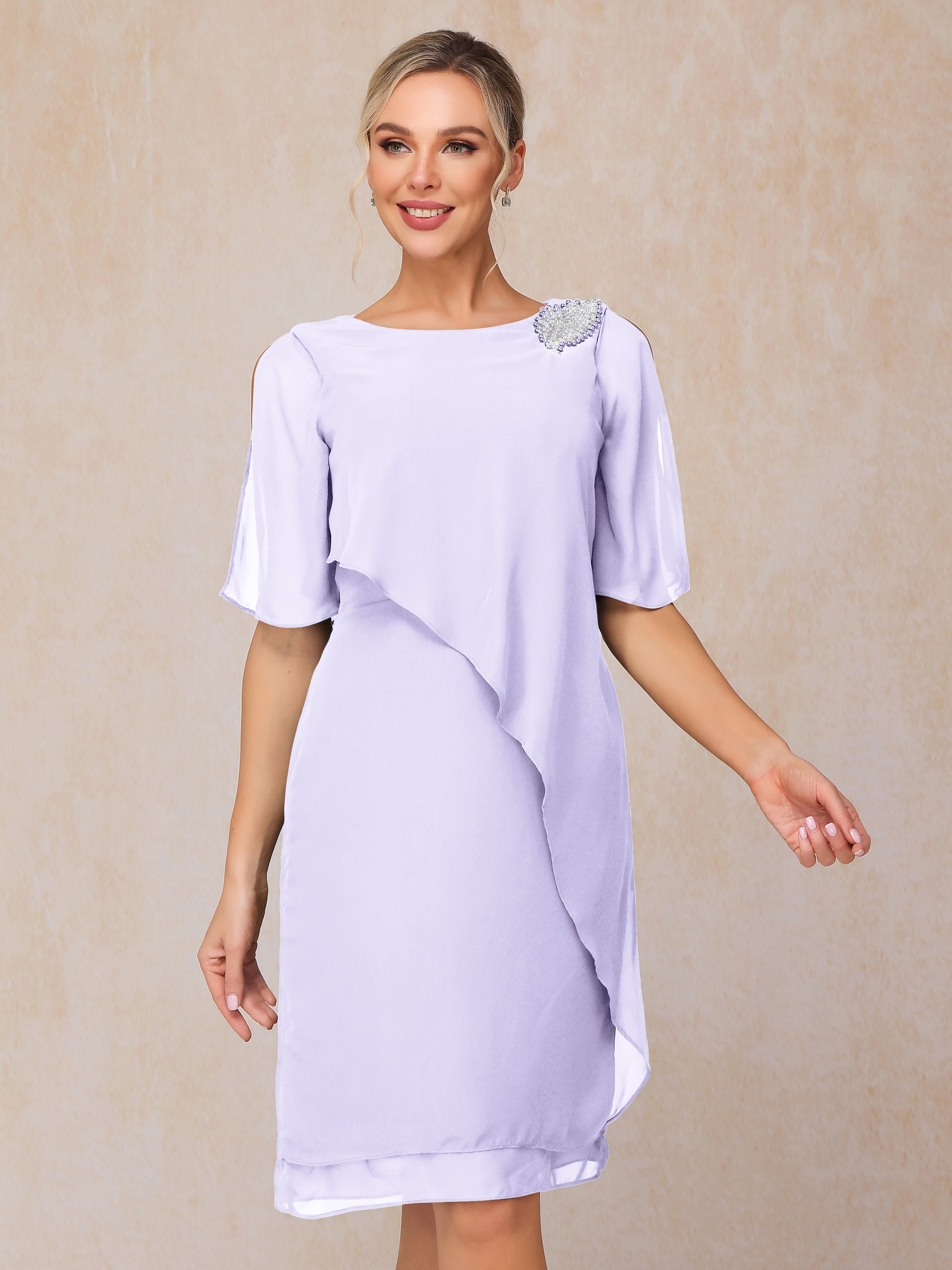 Short Sleeves Beading Knee Length Chiffon Mother Of The Groom Dress