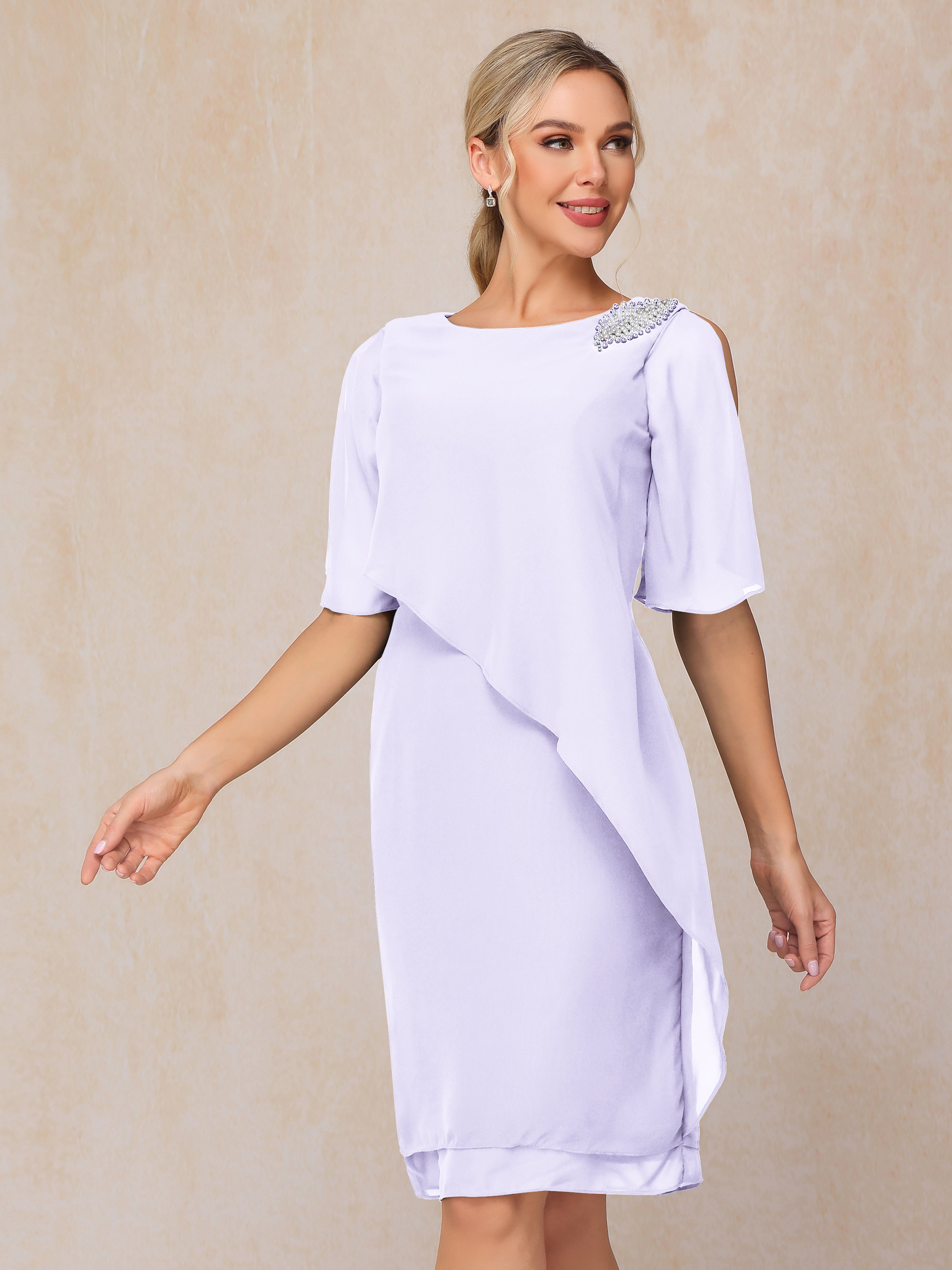 Short Sleeves Beading Knee Length Chiffon Mother Of The Groom Dress