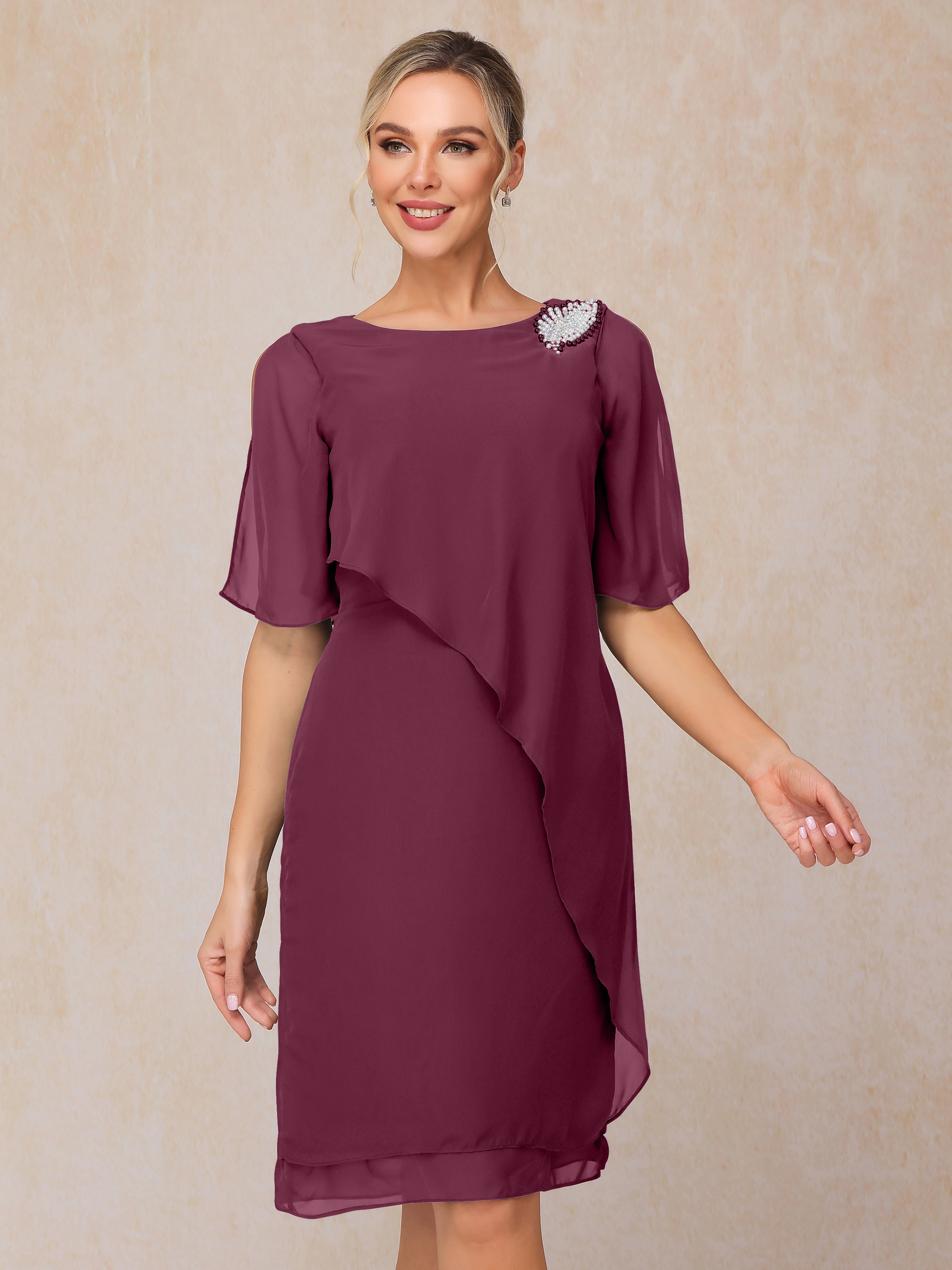 Short Sleeves Beading Knee Length Chiffon Mother Of The Bride Dress