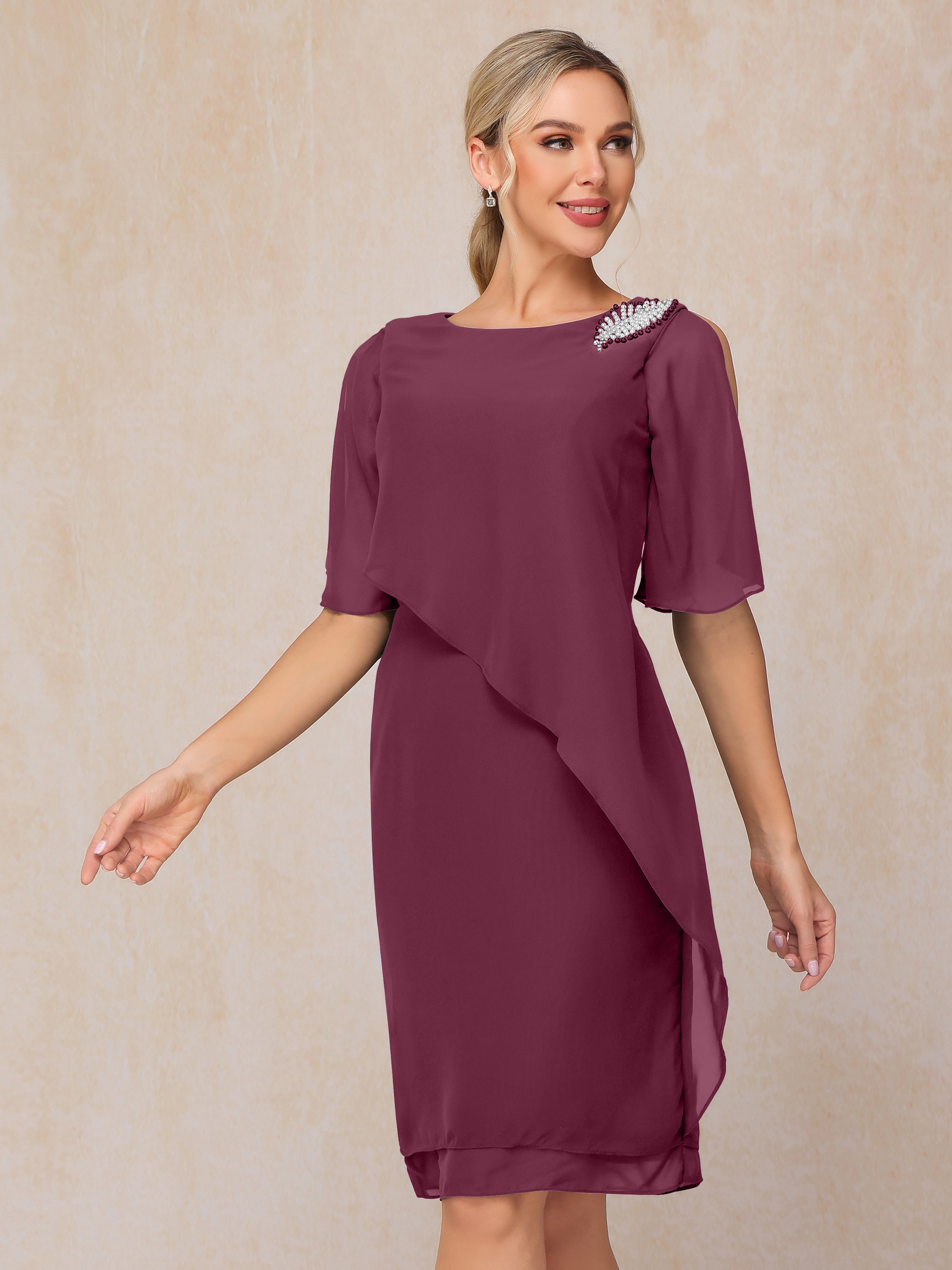 Short Sleeves Beading Knee Length Chiffon Mother Of The Groom Dress