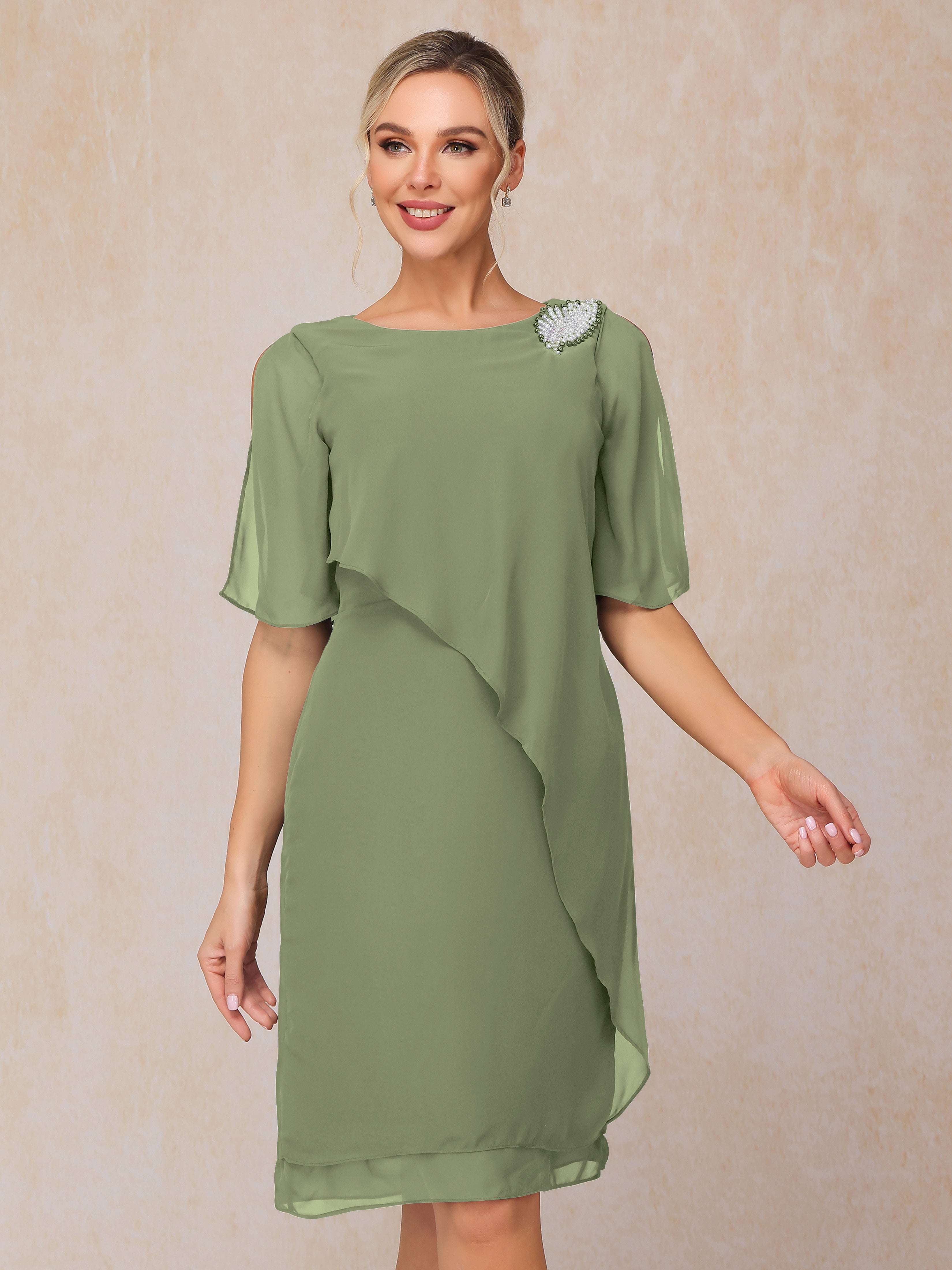 Short Sleeves Beading Knee Length Chiffon Mother Of The Groom Dress