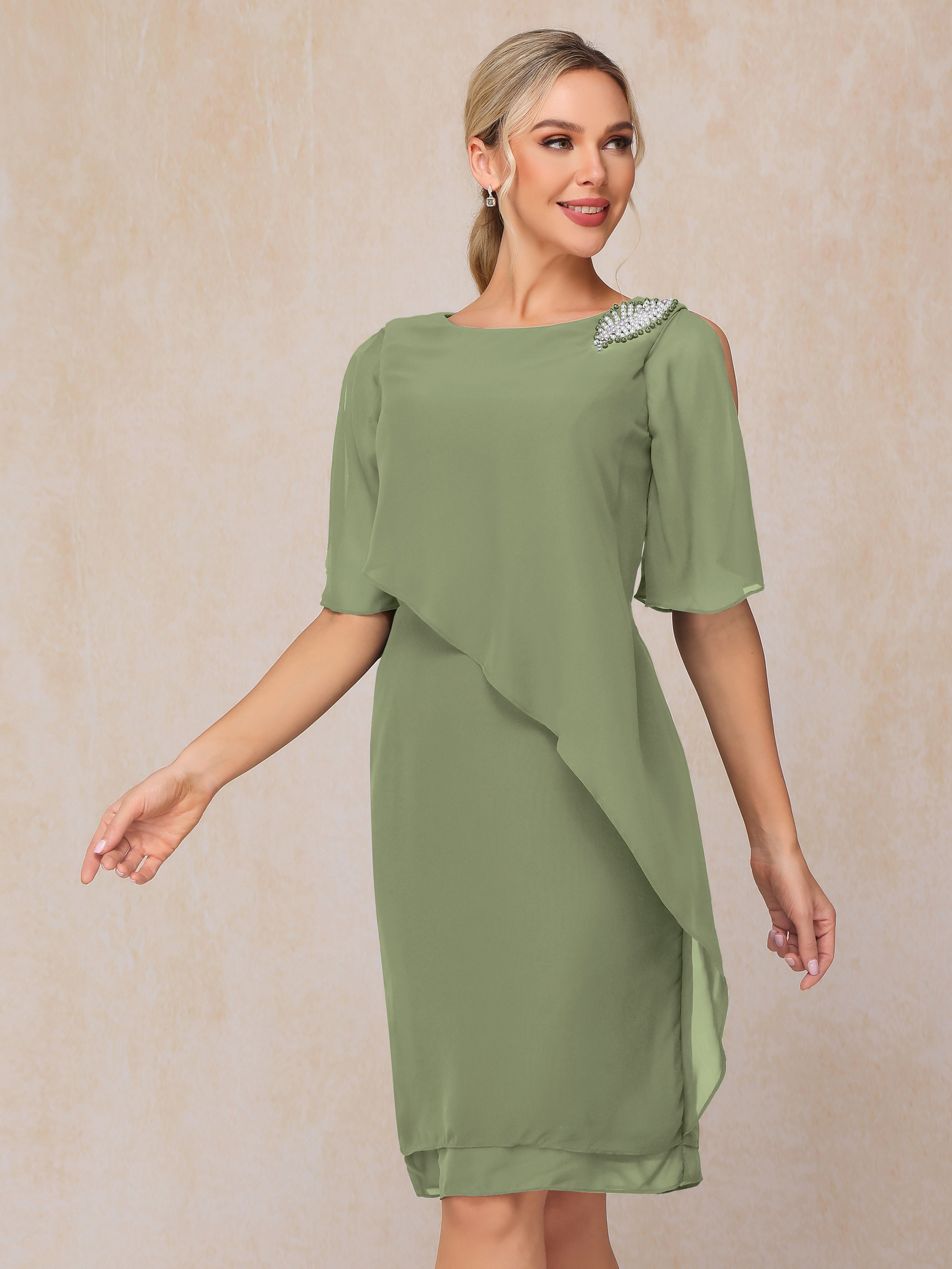 Short Sleeves Beading Knee Length Chiffon Mother Of The Groom Dress