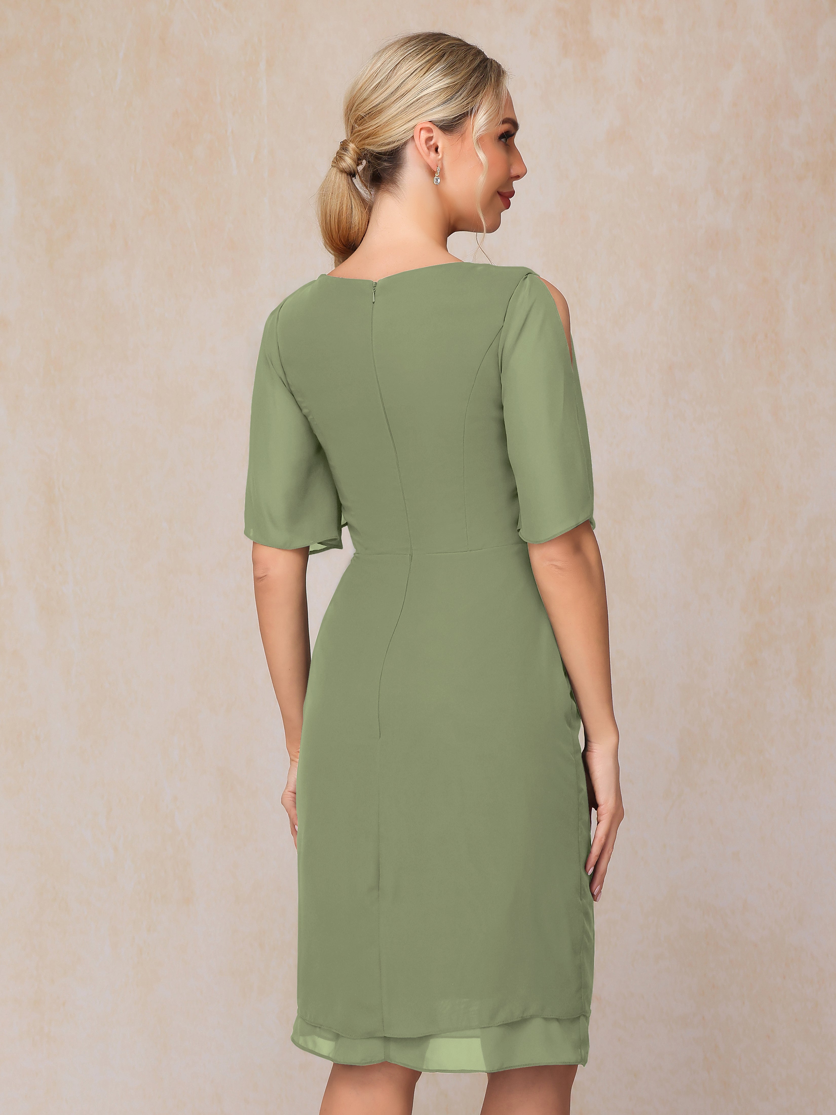 Short Sleeves Beading Knee Length Chiffon Mother Of The Groom Dress